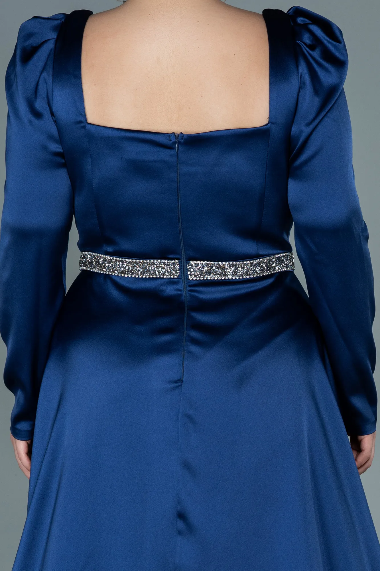 Navy Blue-Long Satin Plus Size Evening Dress ABU2684