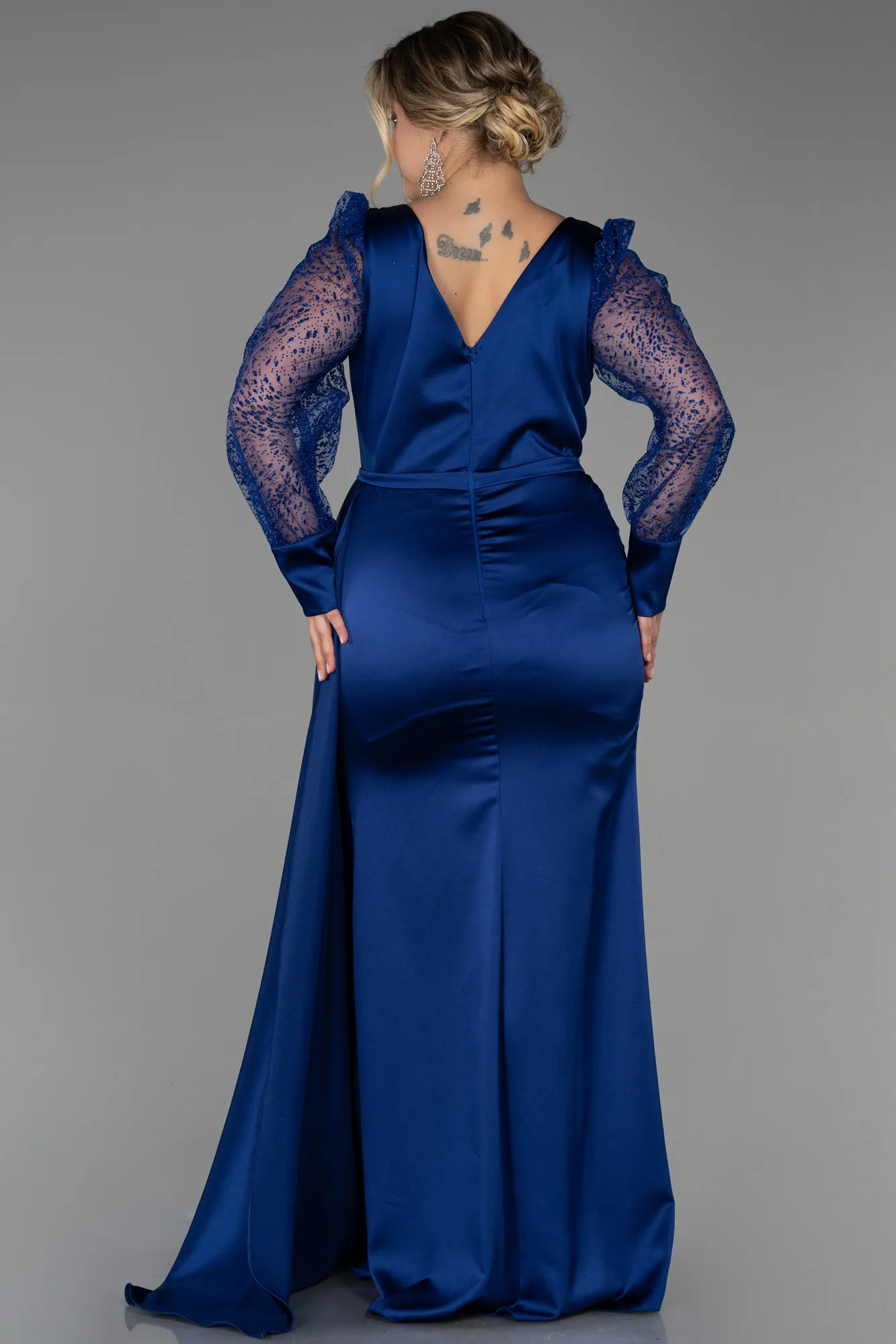 Navy Blue-Long Satin Plus Size Evening Dress ABU2759