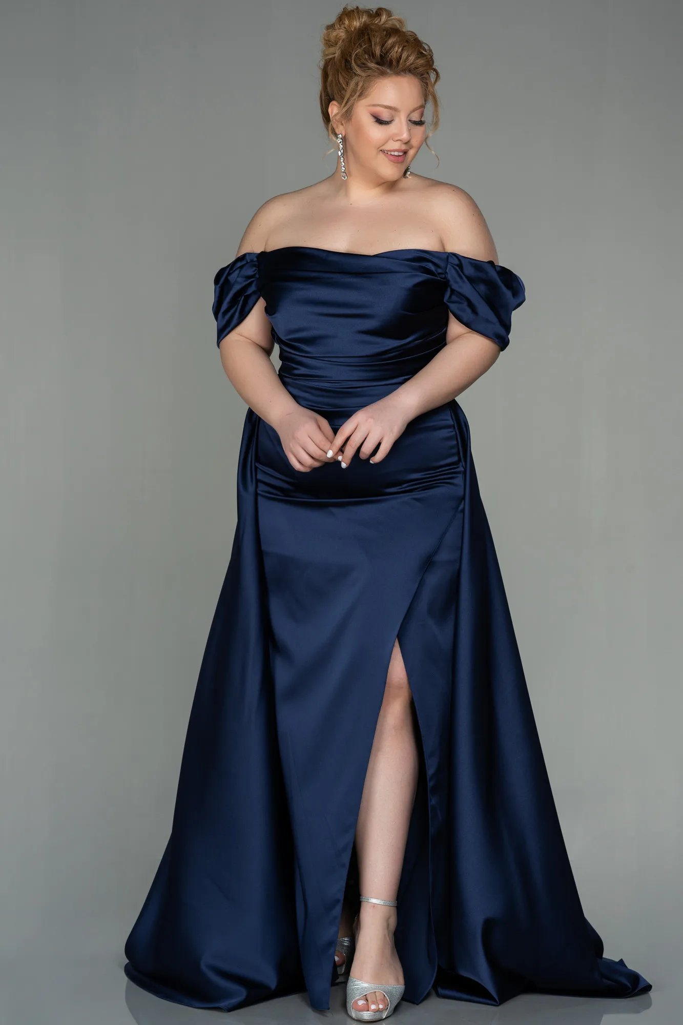 Navy Blue-Long Satin Plus Size Evening Dress ABU2923
