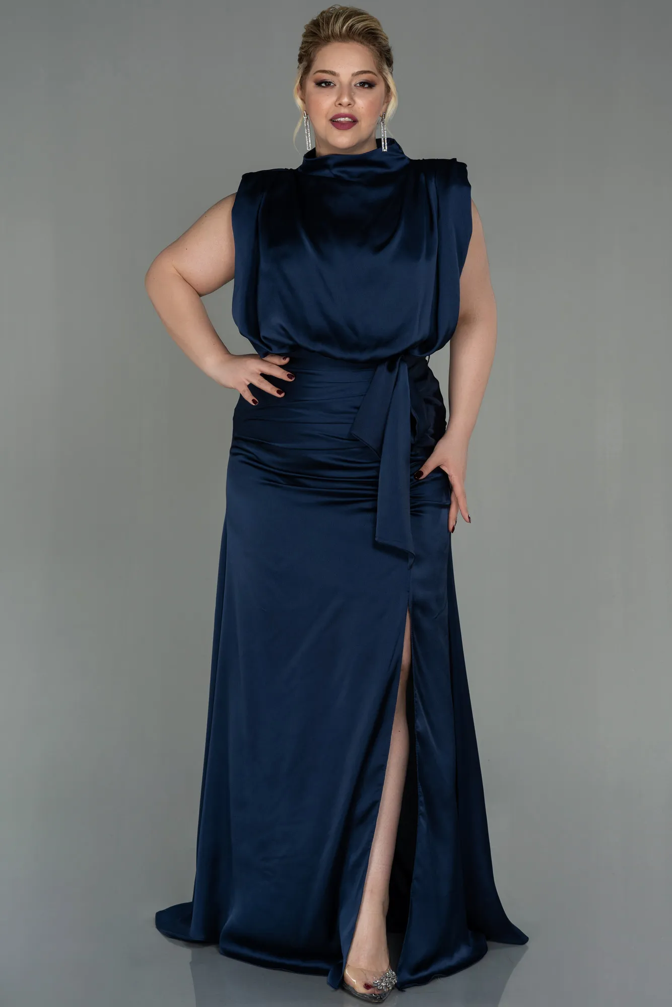 Navy Blue-Long Satin Plus Size Evening Dress ABU2969