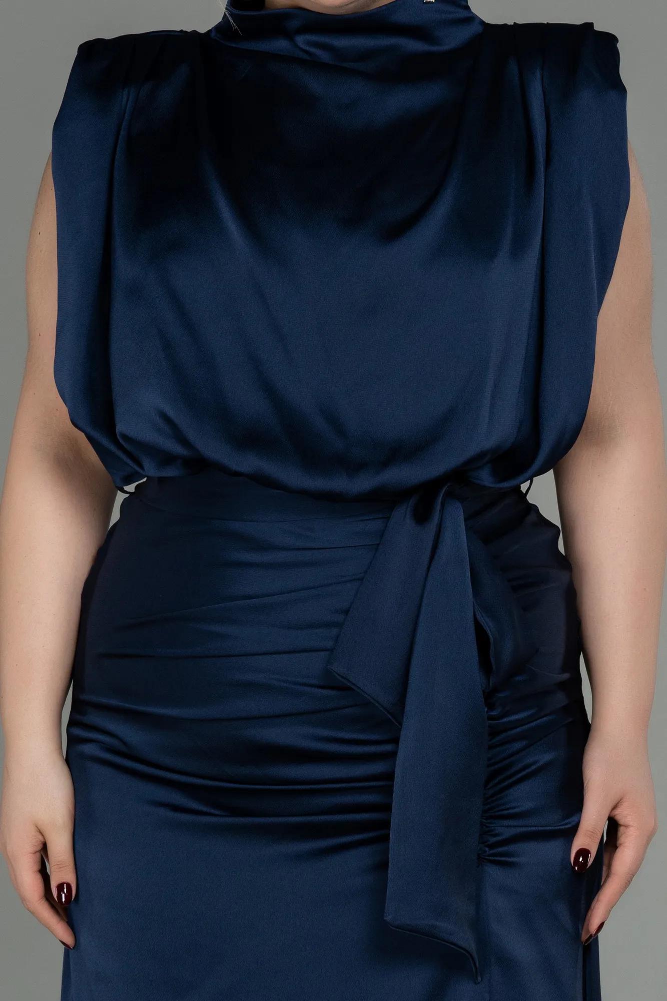 Navy Blue-Long Satin Plus Size Evening Dress ABU2969
