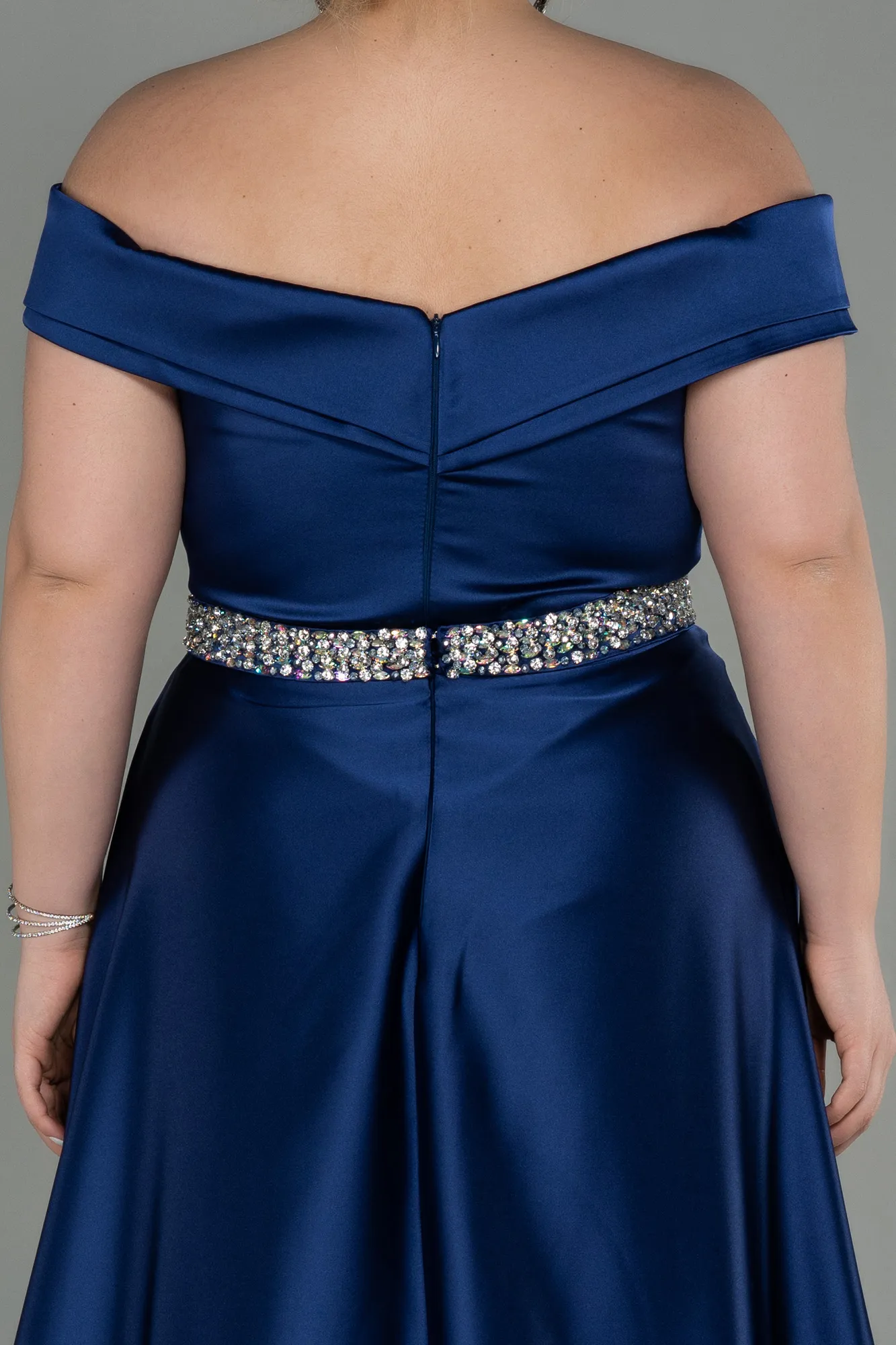 Navy Blue-Long Satin Plus Size Evening Dress ABU3017