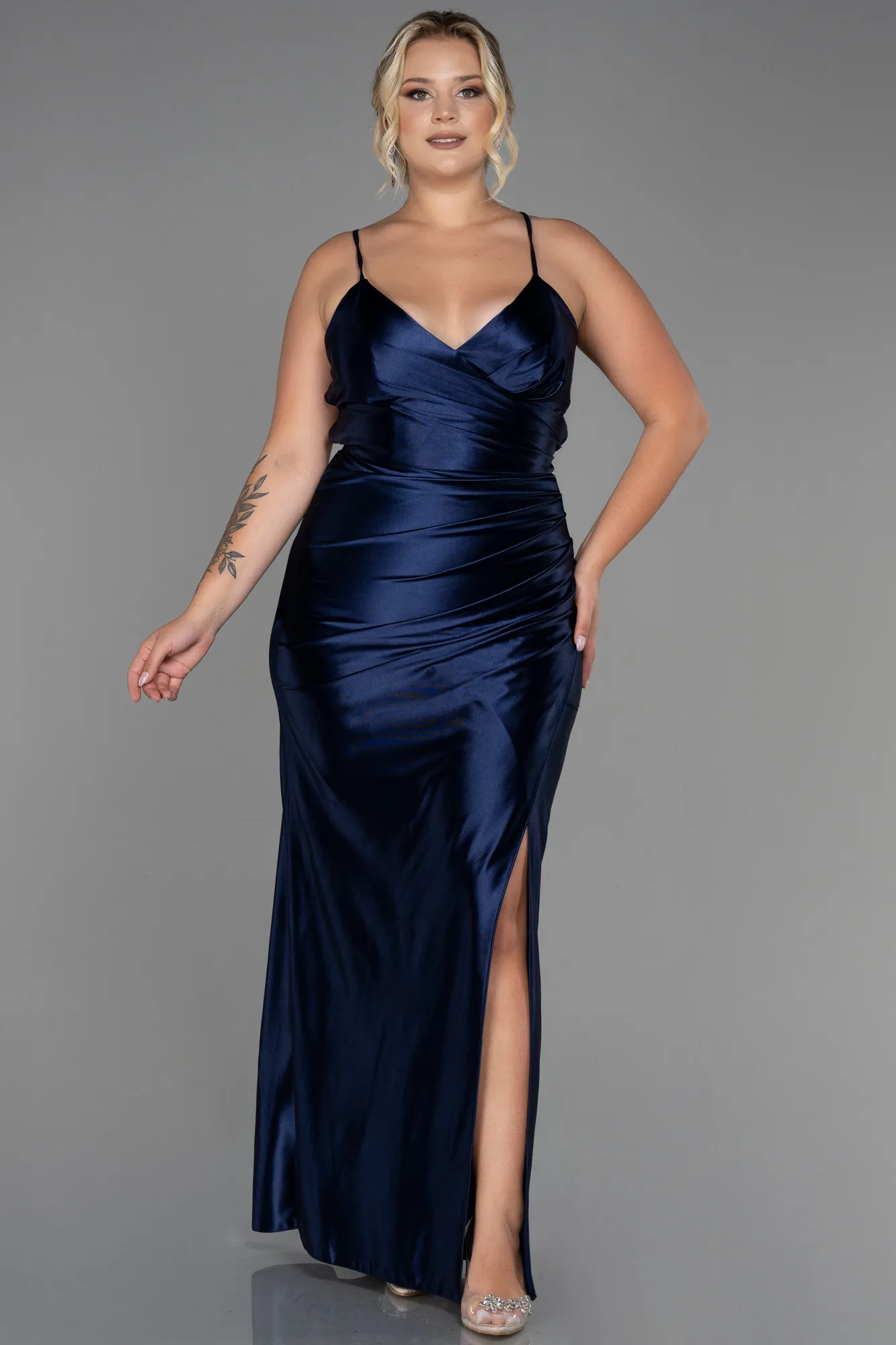 Navy Blue-Long Satin Plus Size Evening Dress ABU3053