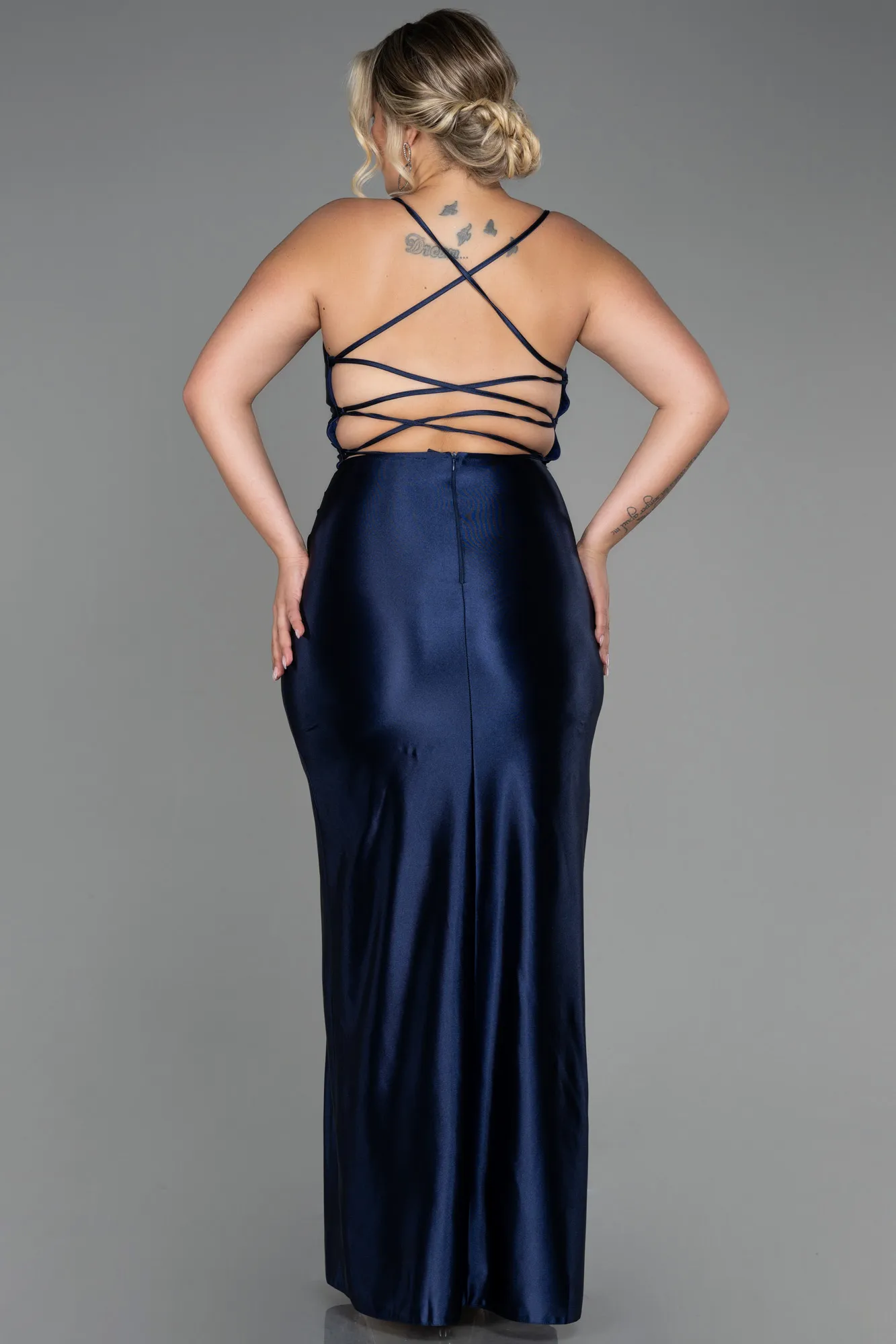 Navy Blue-Long Satin Plus Size Evening Dress ABU3053