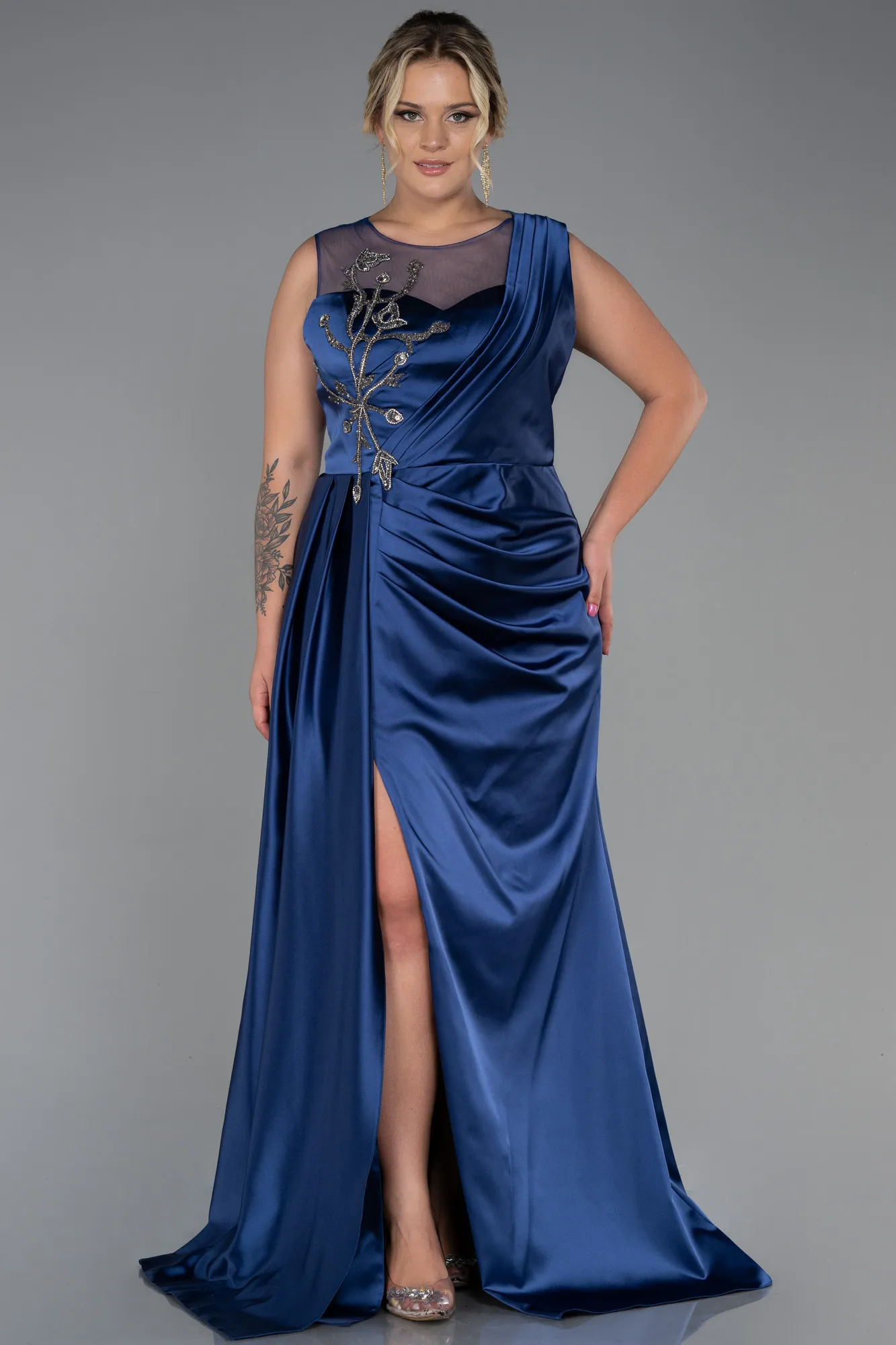 Navy Blue-Long Satin Plus Size Evening Dress ABU3125