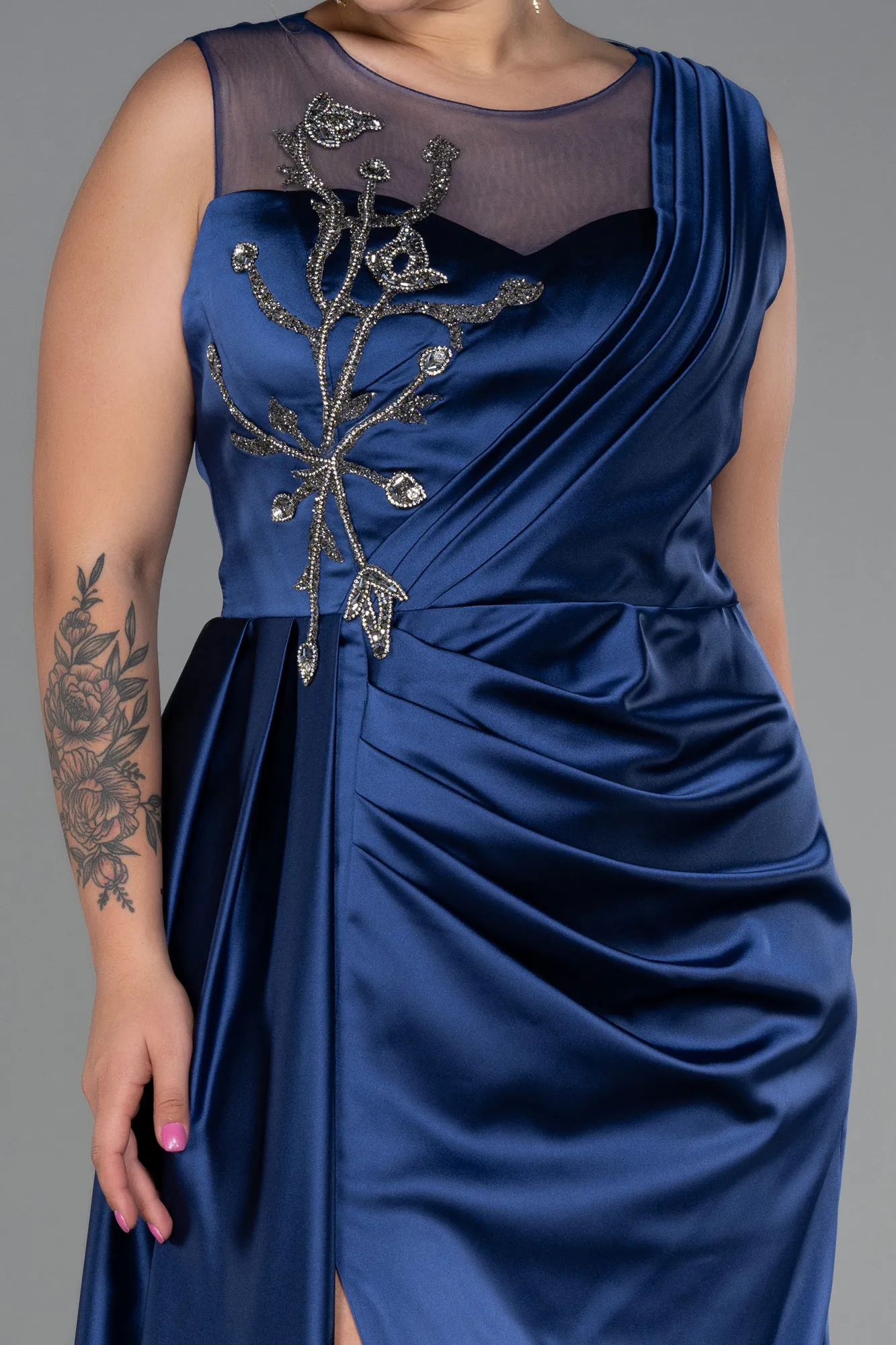 Navy Blue-Long Satin Plus Size Evening Dress ABU3125
