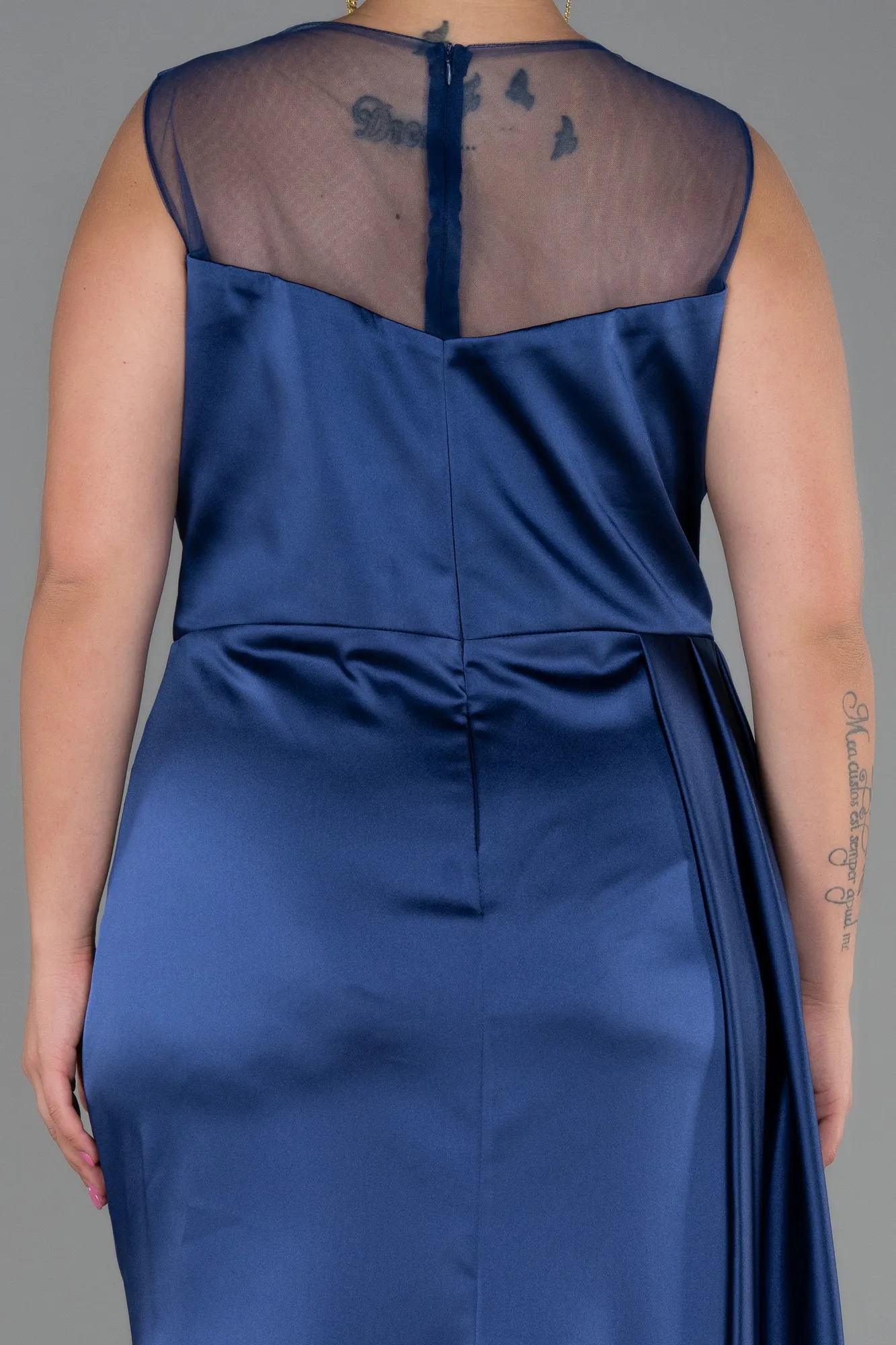 Navy Blue-Long Satin Plus Size Evening Dress ABU3125