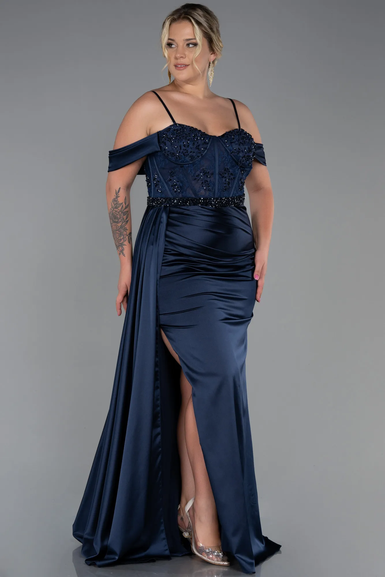 Navy Blue-Long Satin Plus Size Evening Dress ABU3228