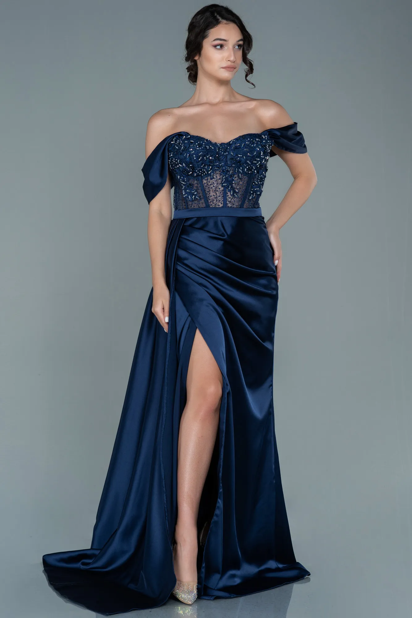 Navy Blue-Long Satin Plus Size Evening Dress ABU3236