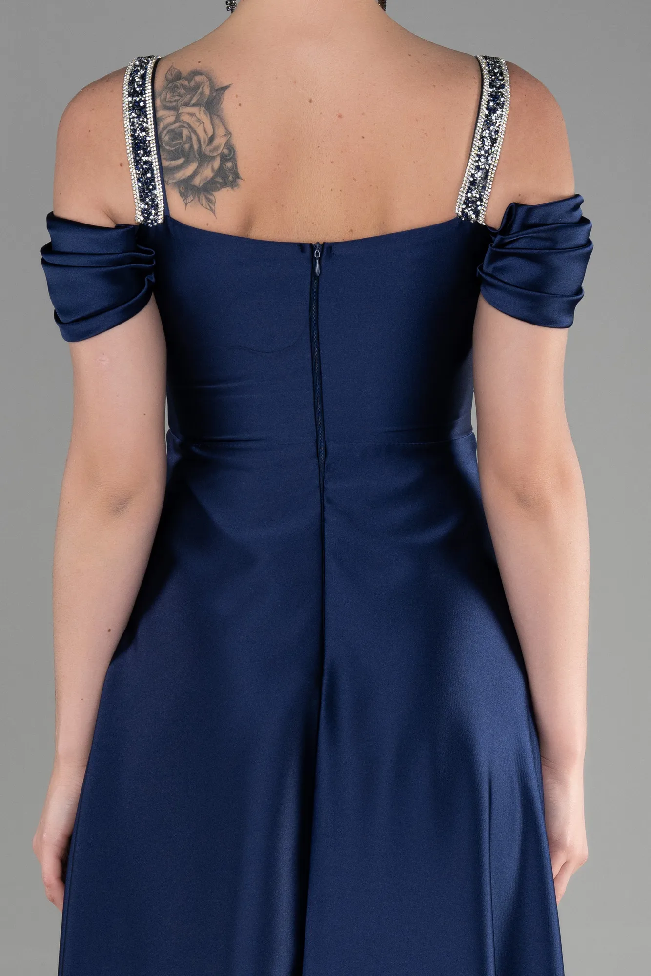 Navy Blue-Long Satin Plus Size Evening Dress ABU3277