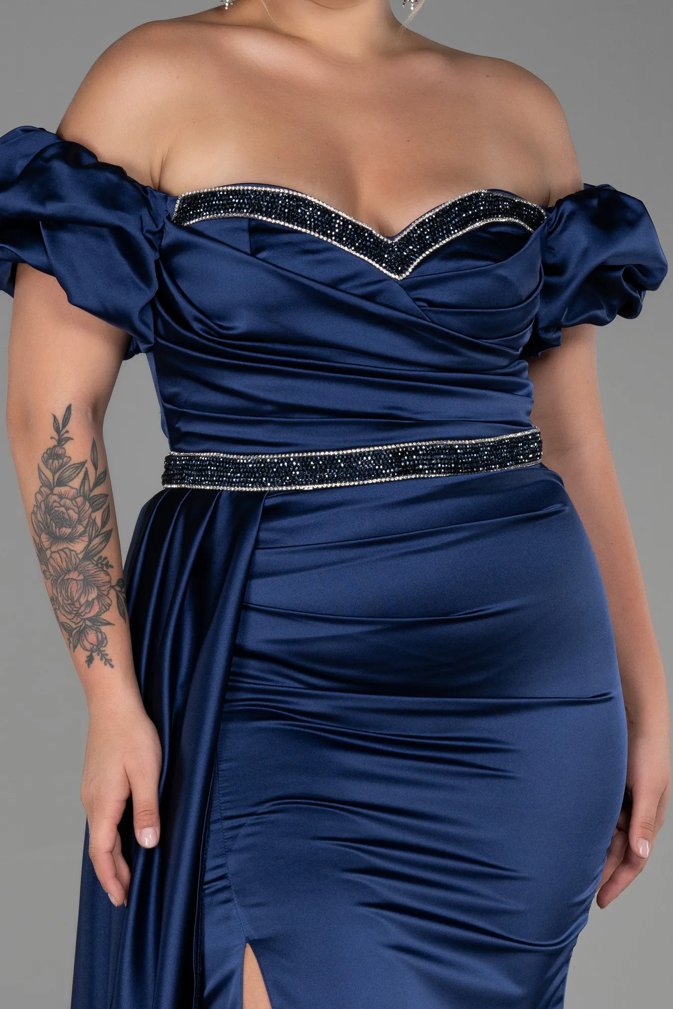 Navy Blue-Long Satin Plus Size Evening Dress ABU3332