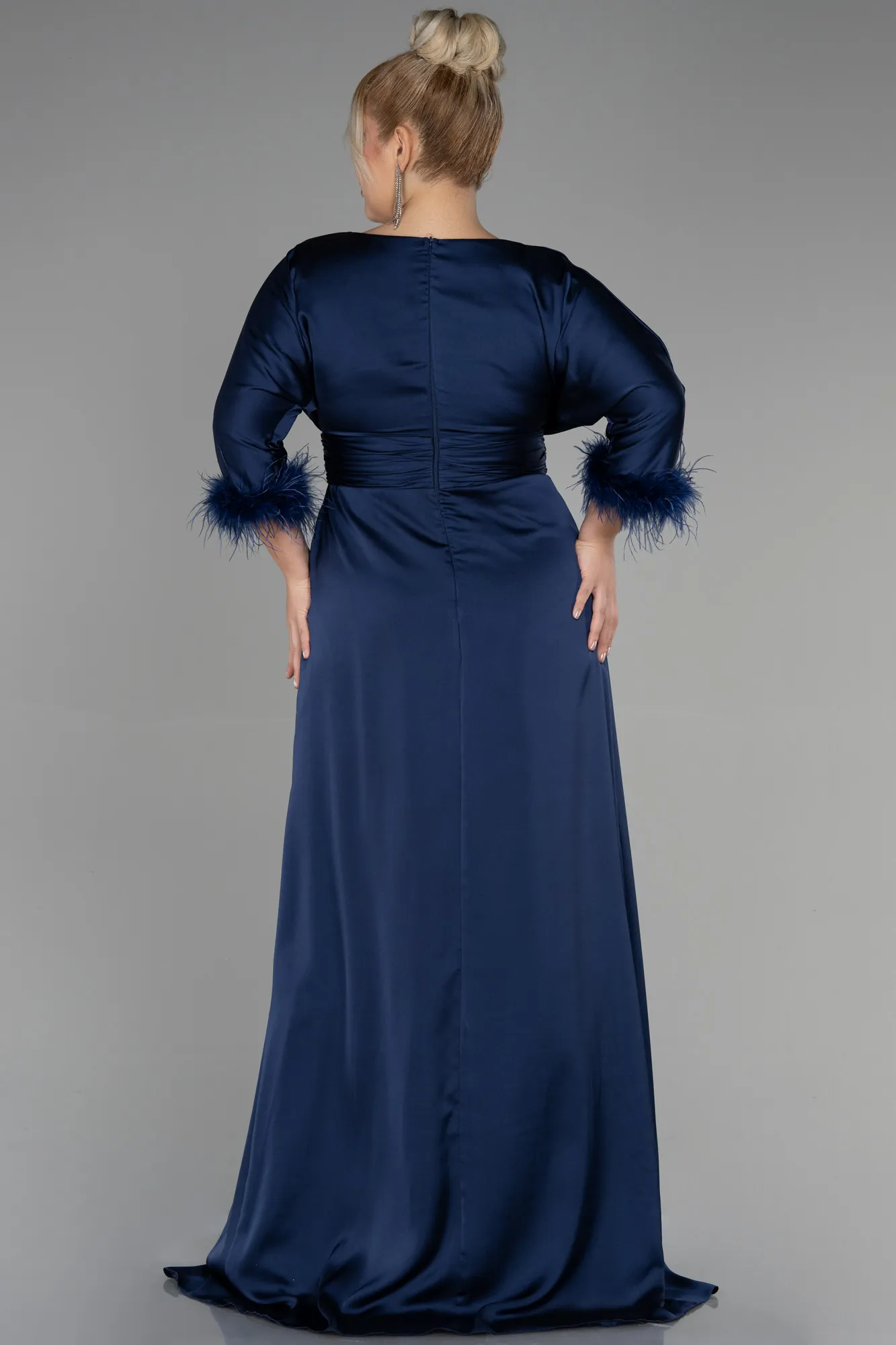 Navy Blue-Long Satin Plus Size Evening Dress ABU3367
