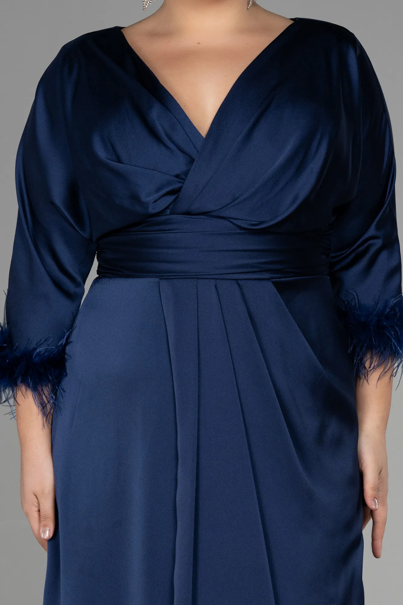 Navy Blue-Long Satin Plus Size Evening Dress ABU3367
