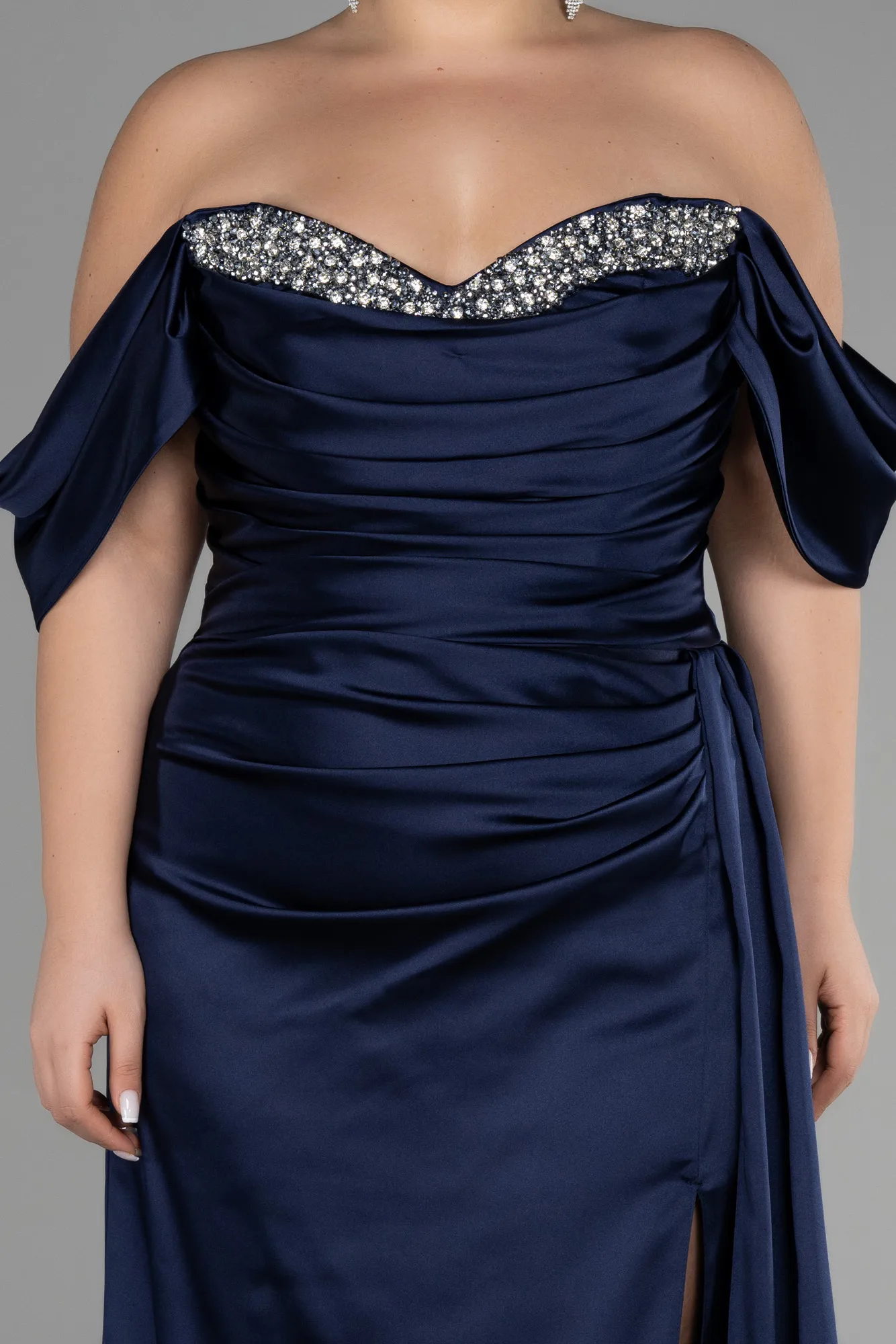 Navy Blue-Long Satin Plus Size Evening Dress ABU3469