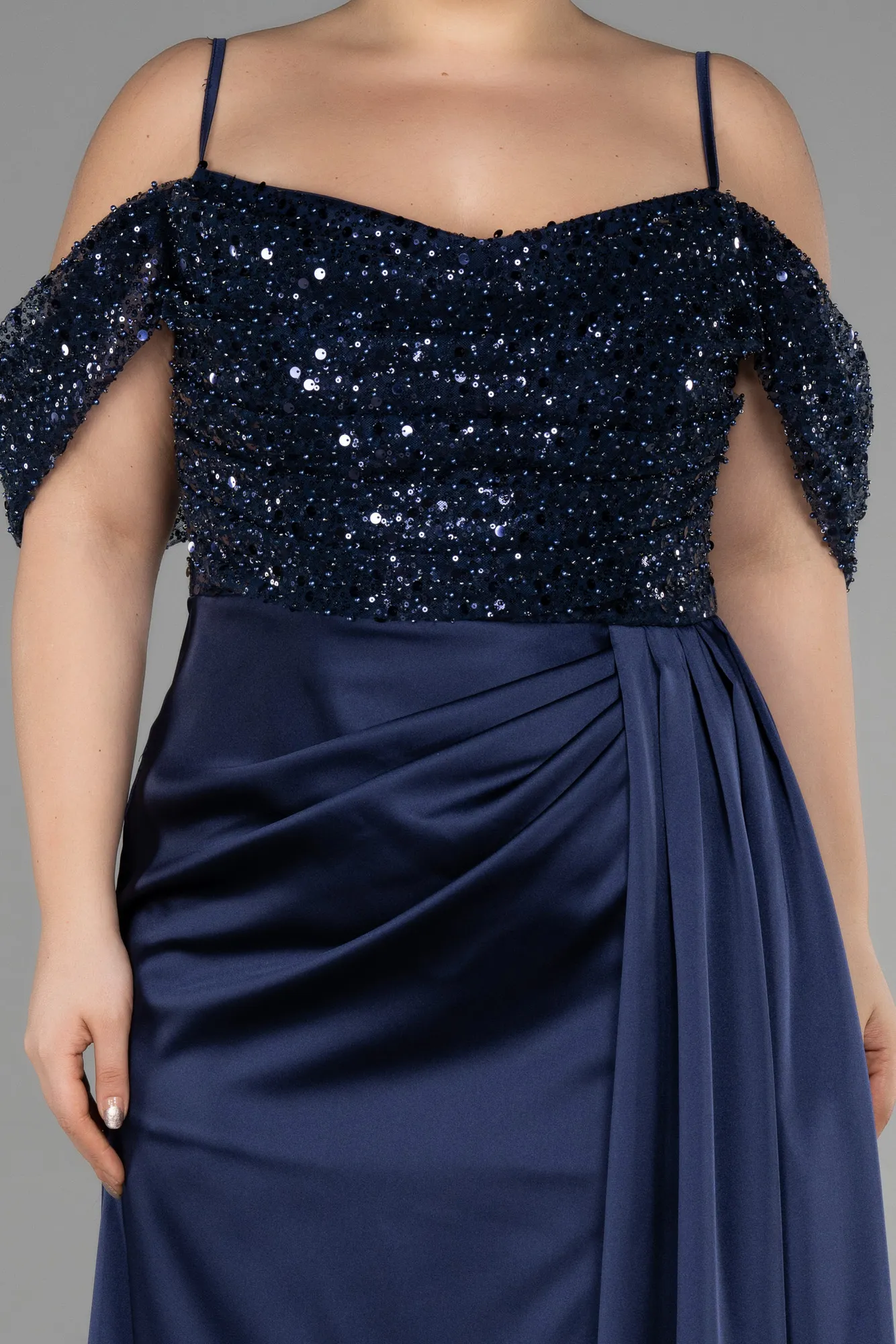 Navy Blue-Long Satin Plus Size Evening Dress ABU3522