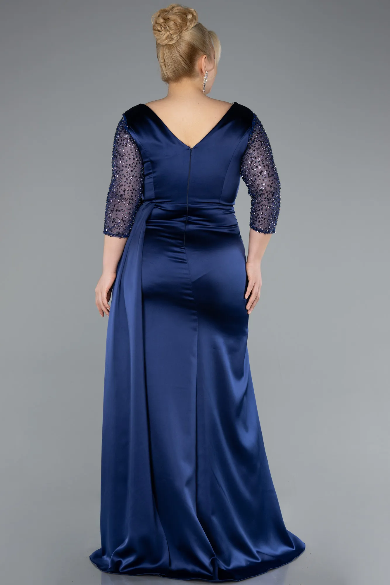 Navy Blue-Long Satin Plus Size Evening Dress ABU4919