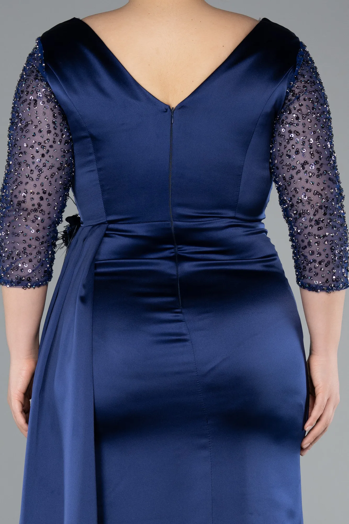 Navy Blue-Long Satin Plus Size Evening Dress ABU4919