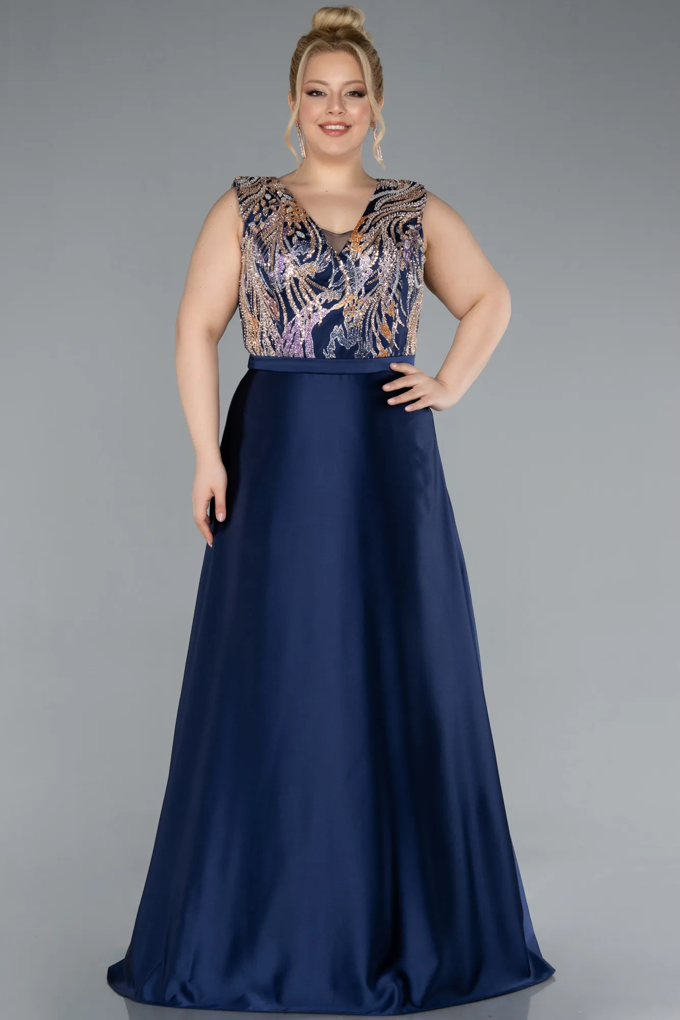 Navy Blue-Long Satin Plus Size Evening Gown ABU4667