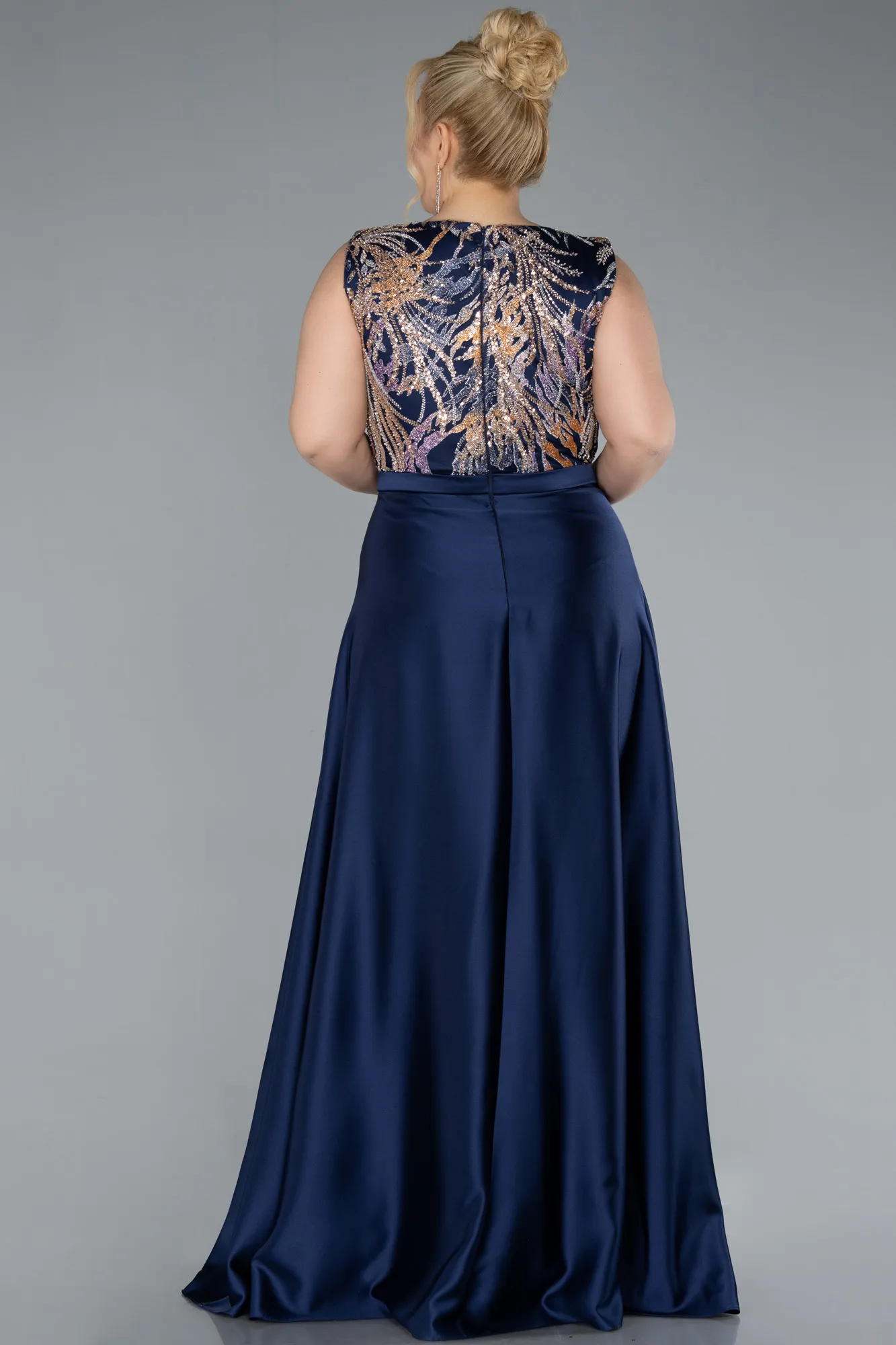 Navy Blue-Long Satin Plus Size Evening Gown ABU4667