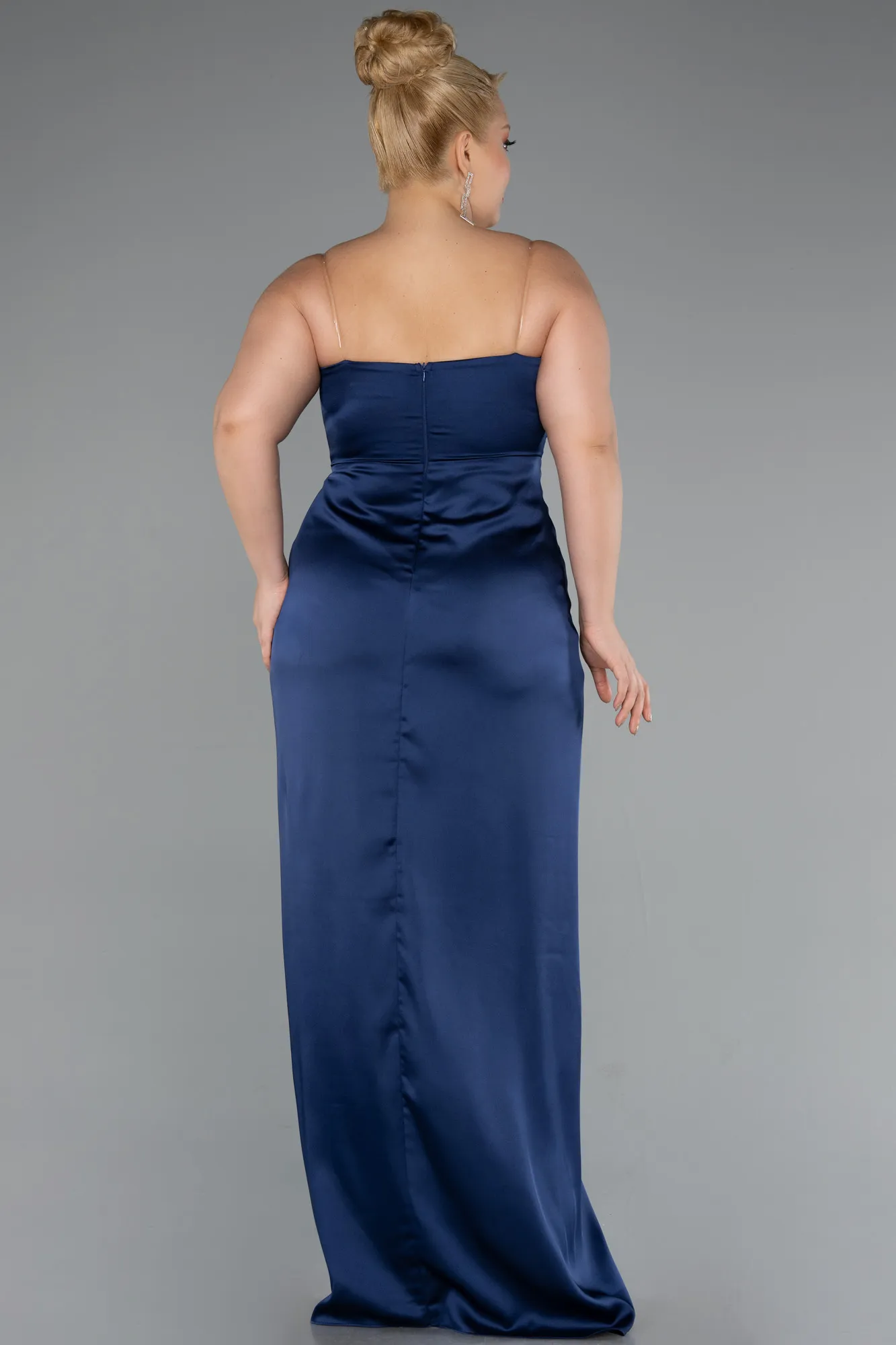 Navy Blue-Long Satin Plus Size Evening Gown ABU5179