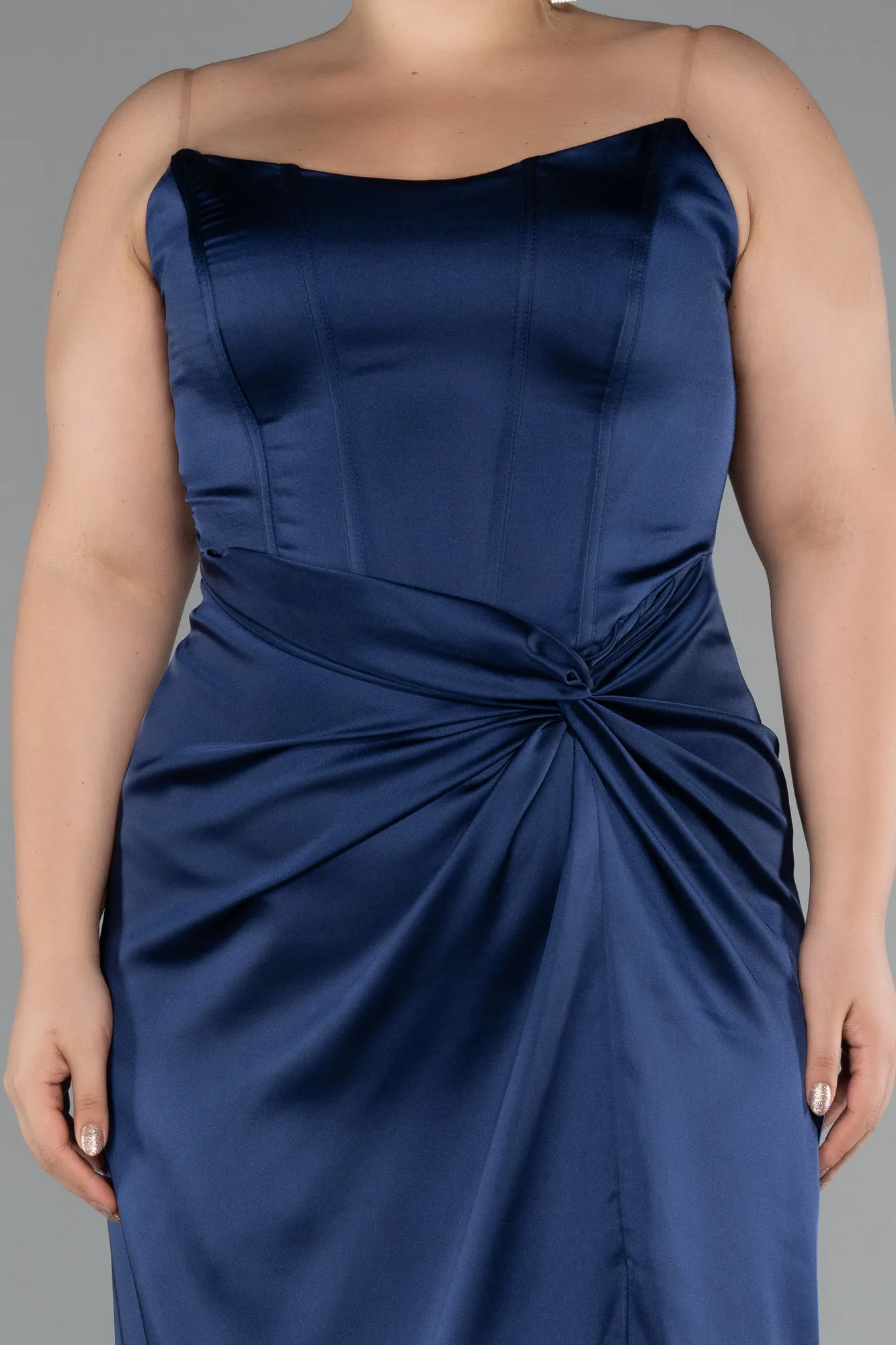 Navy Blue-Long Satin Plus Size Evening Gown ABU5179