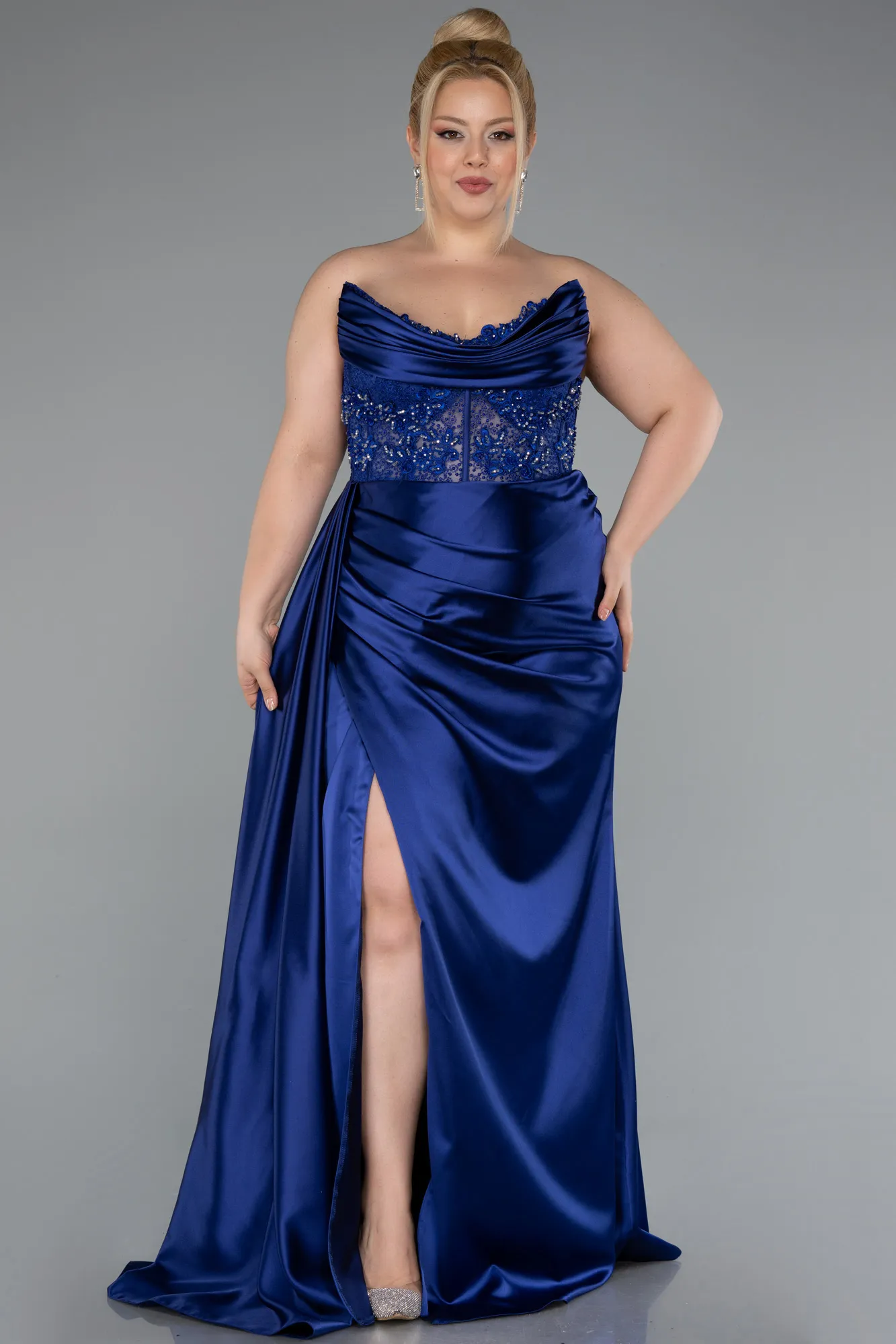 Navy Blue-Long Satin Plus Size Prom Dress ABU3855