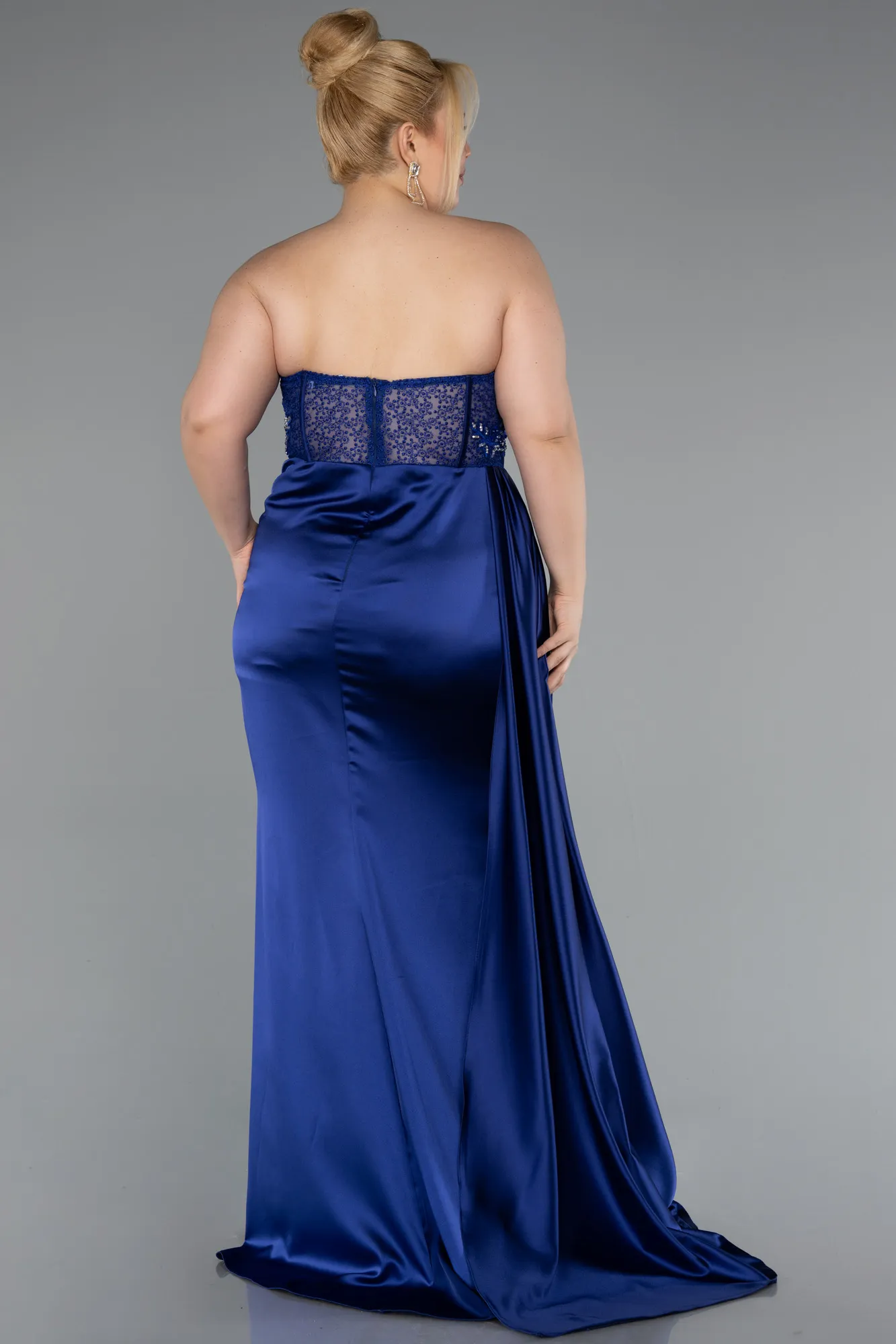 Navy Blue-Long Satin Plus Size Prom Dress ABU3855