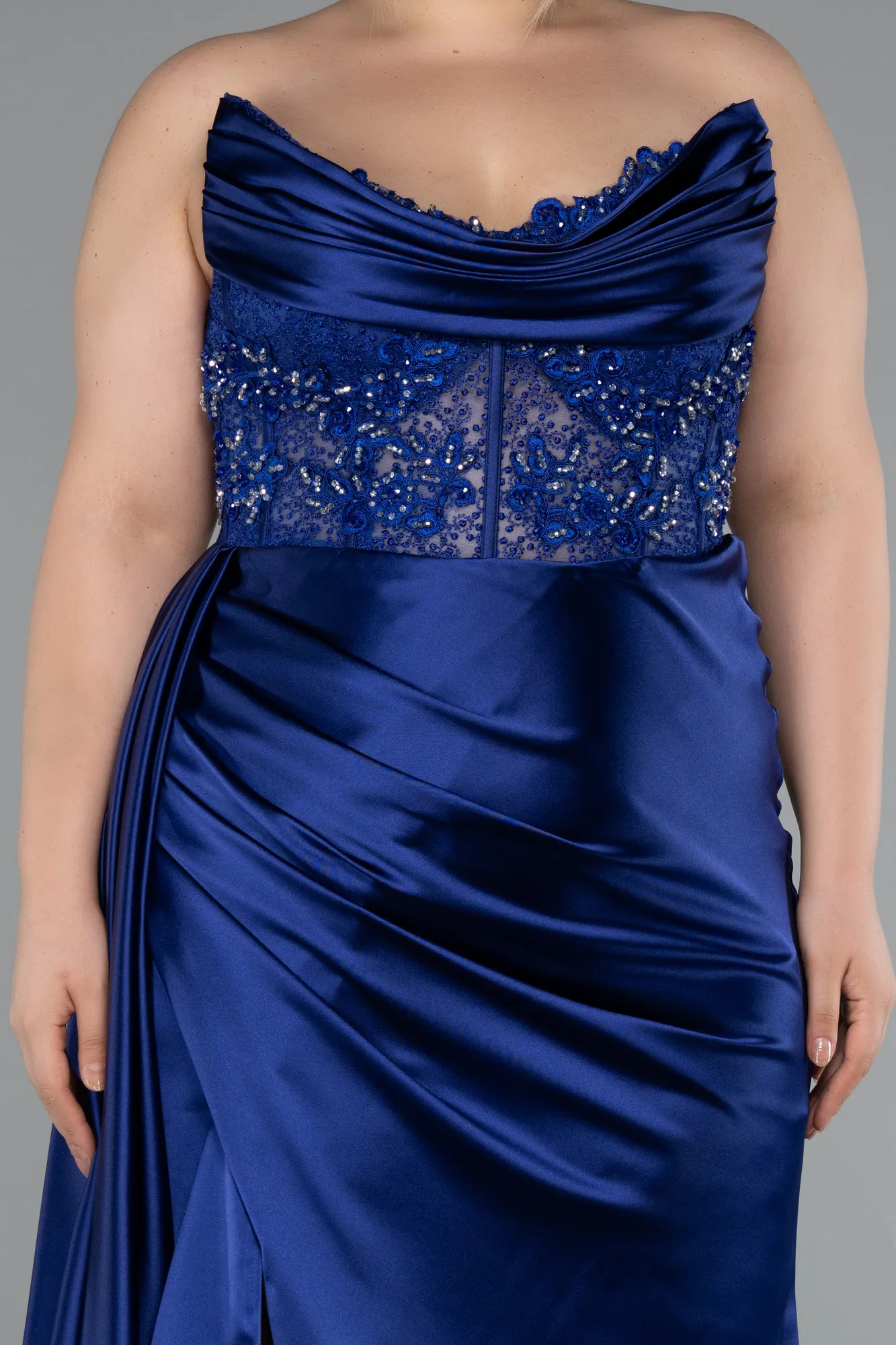 Navy Blue-Long Satin Plus Size Prom Dress ABU3855
