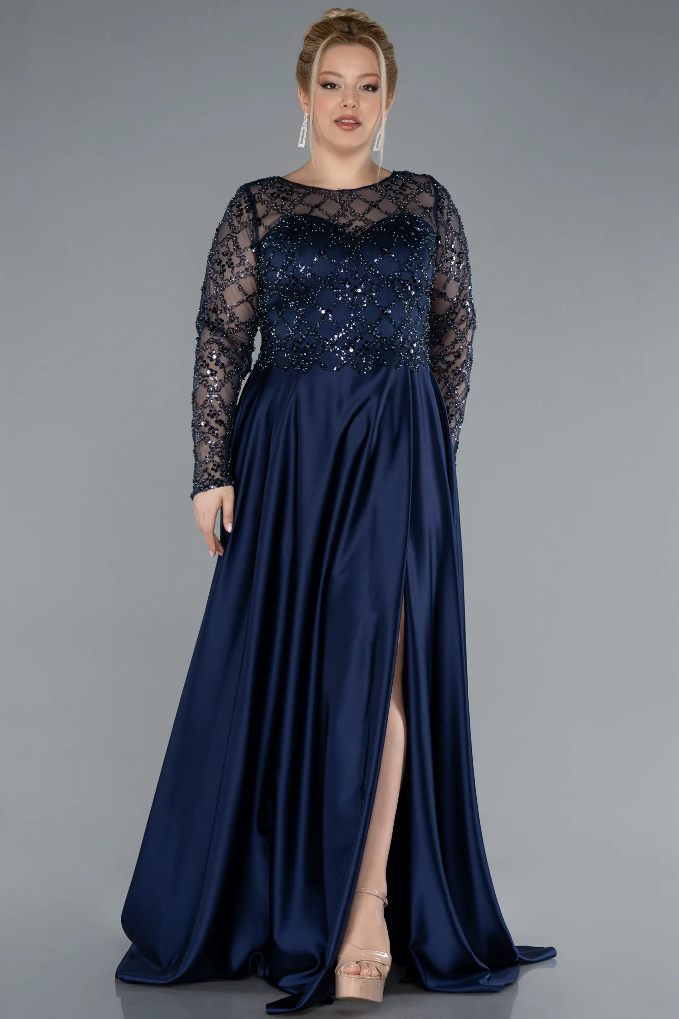 Navy Blue-Long Satin Plus Size Wedding Dress ABU4639