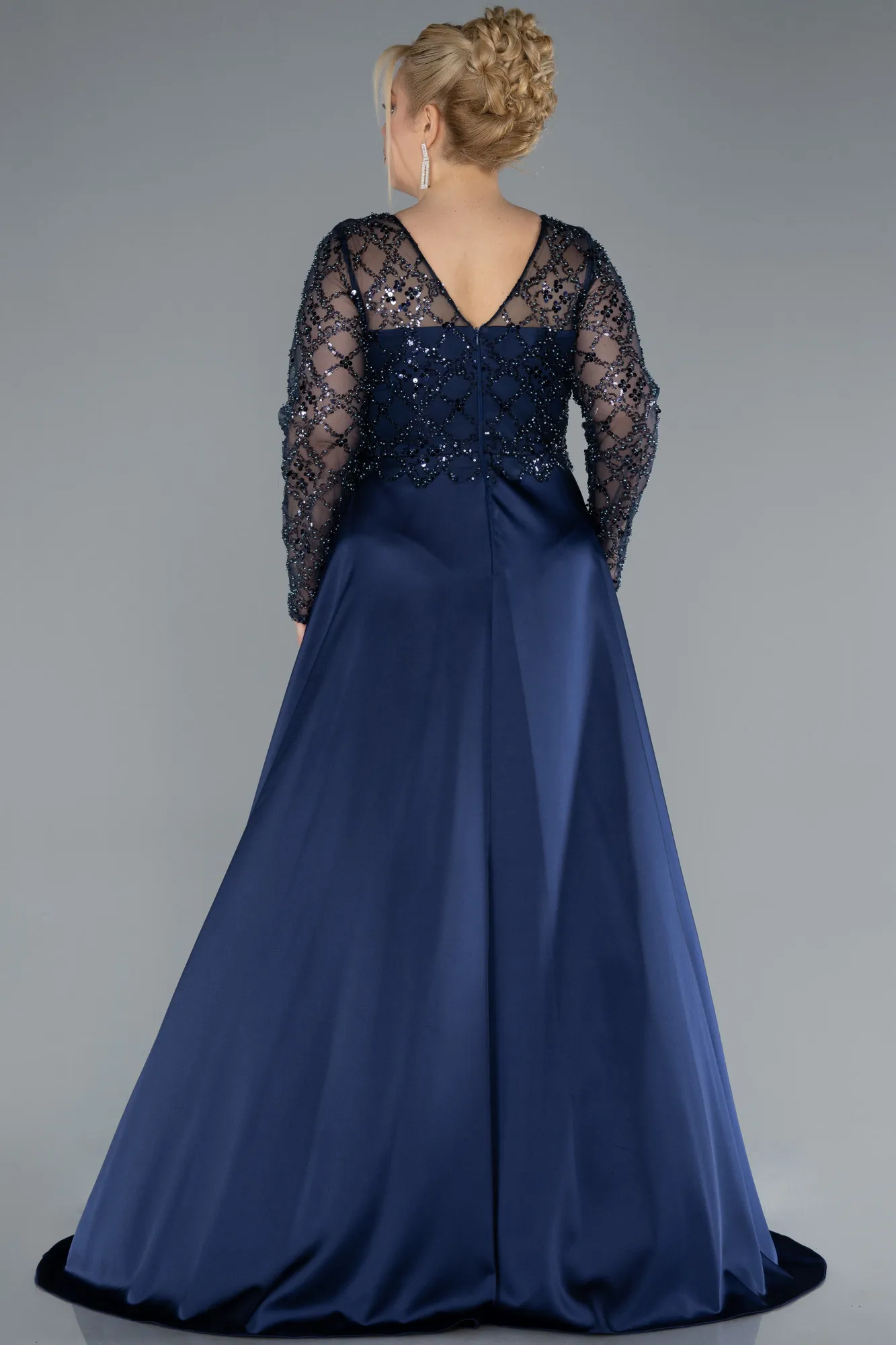 Navy Blue-Long Satin Plus Size Wedding Dress ABU4639