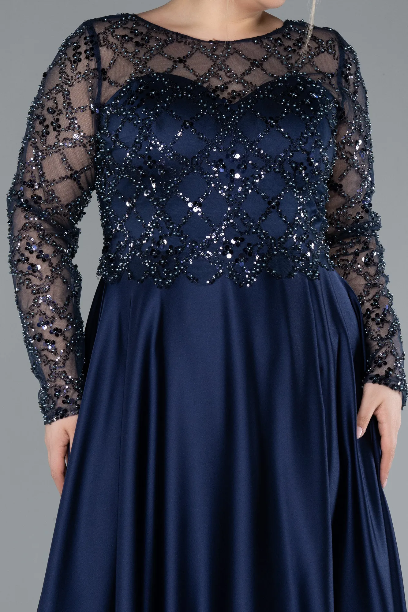 Navy Blue-Long Satin Plus Size Wedding Dress ABU4639