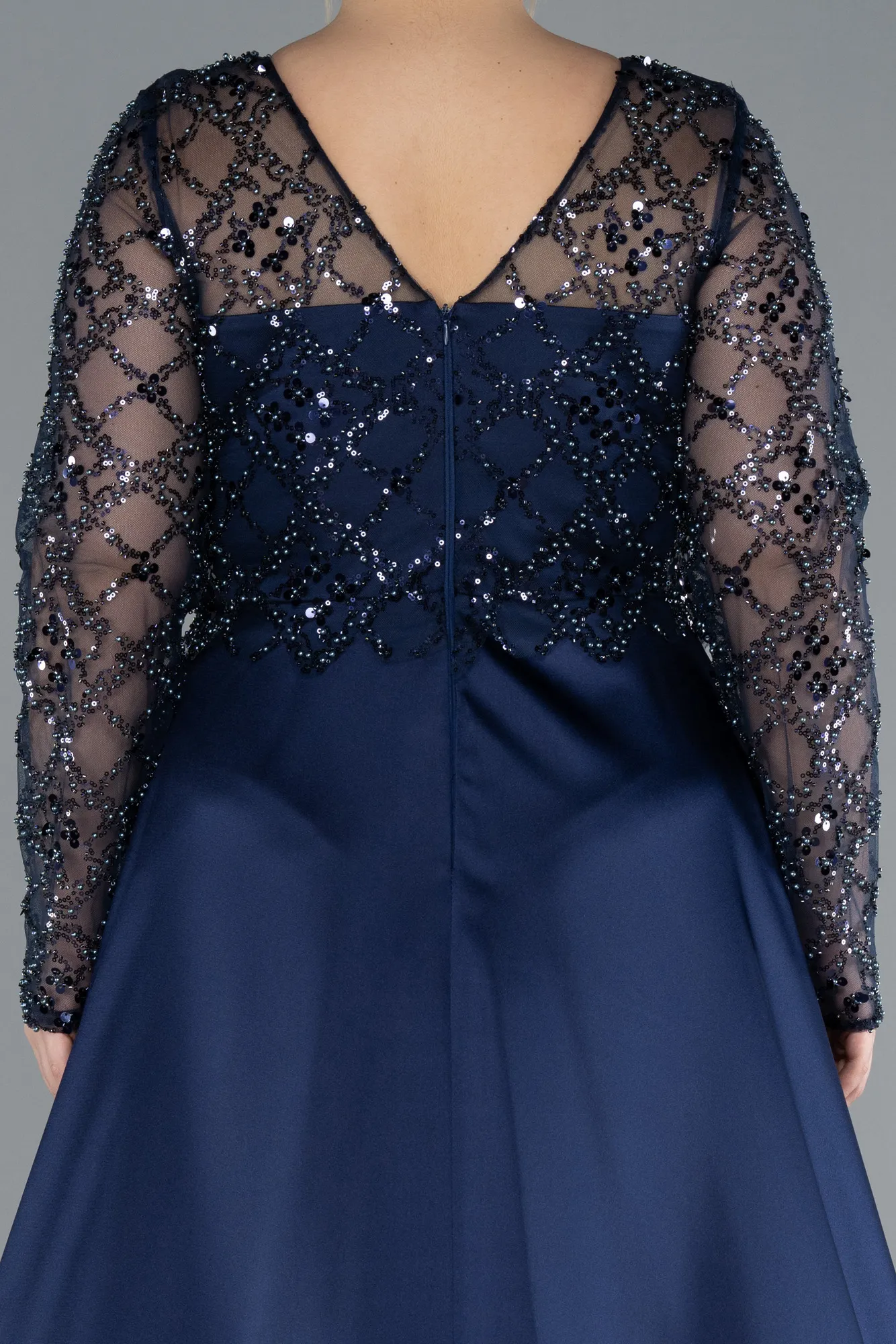 Navy Blue-Long Satin Plus Size Wedding Dress ABU4639