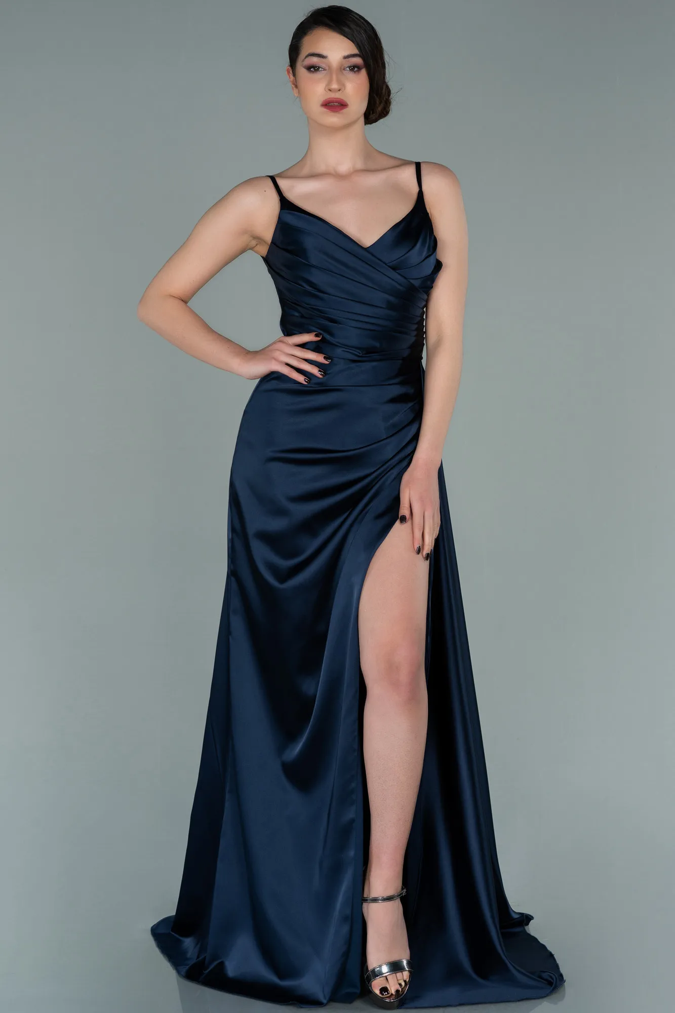 Navy Blue-Long Satin Prom Gown ABU2273