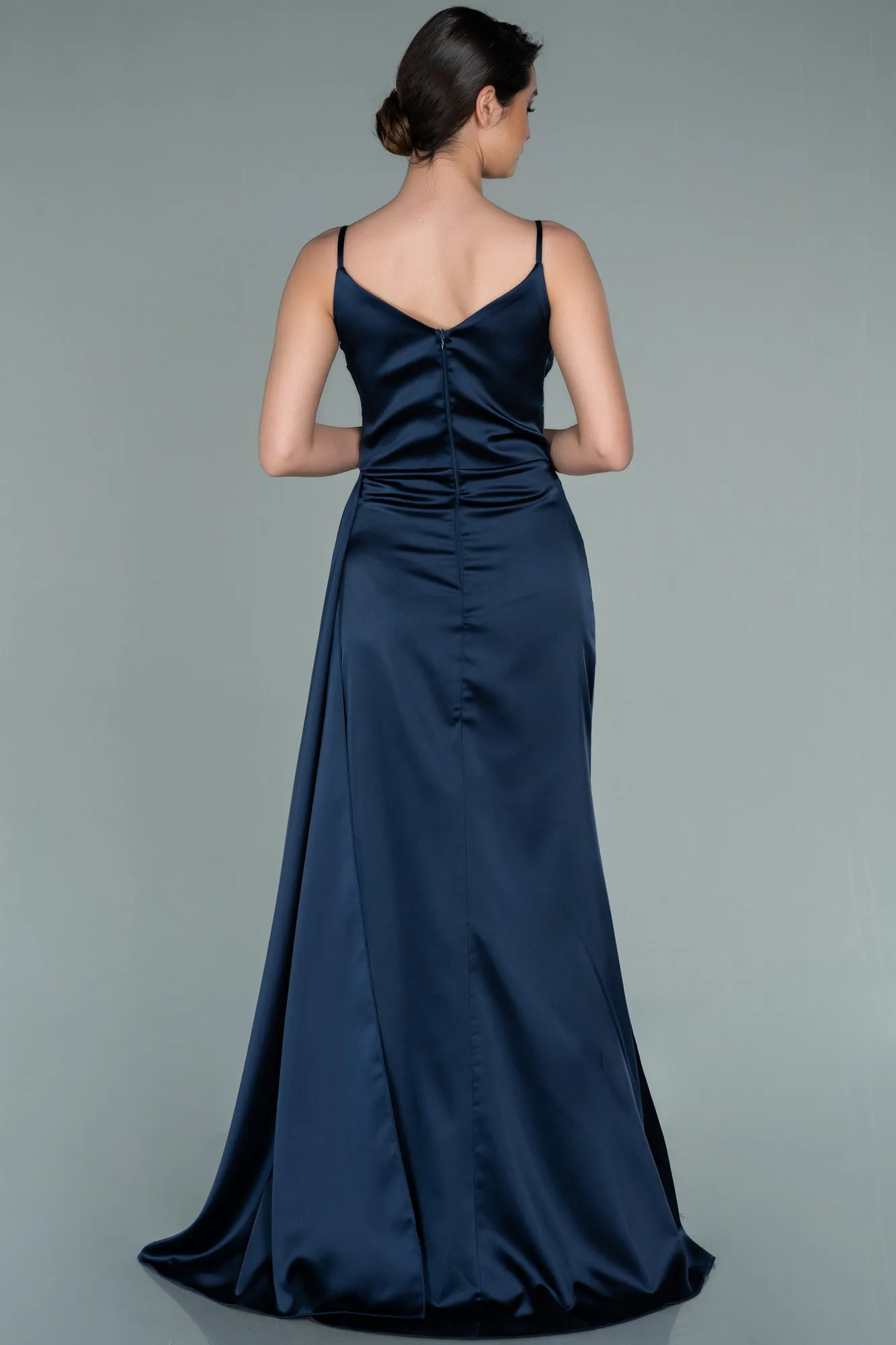 Navy Blue-Long Satin Prom Gown ABU2273