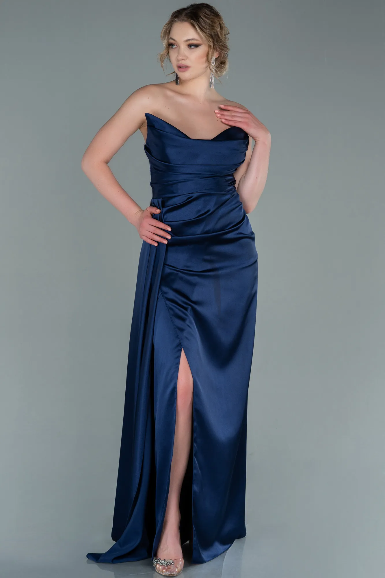 Navy Blue-Long Satin Prom Gown ABU2340