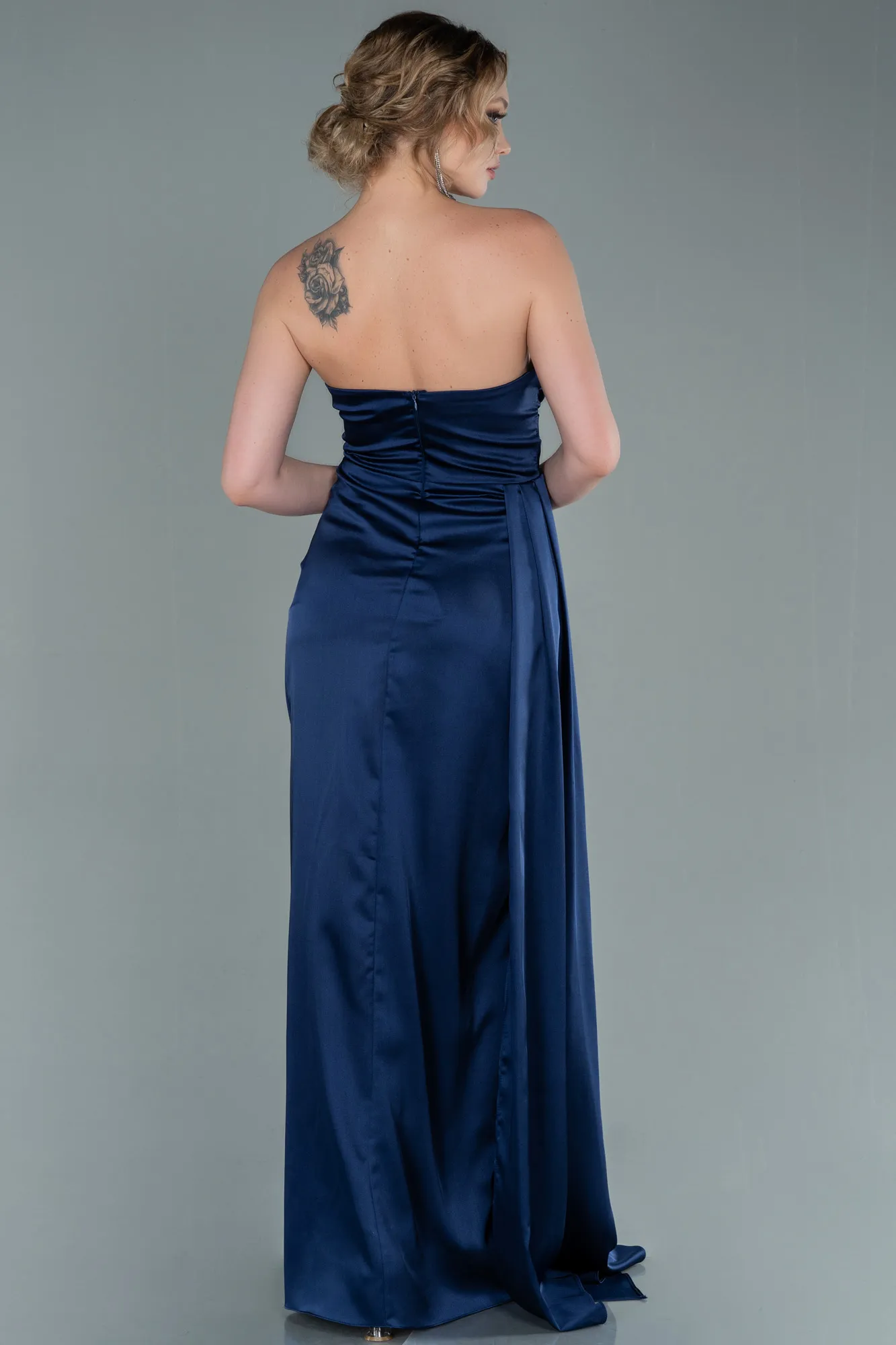 Navy Blue-Long Satin Prom Gown ABU2340