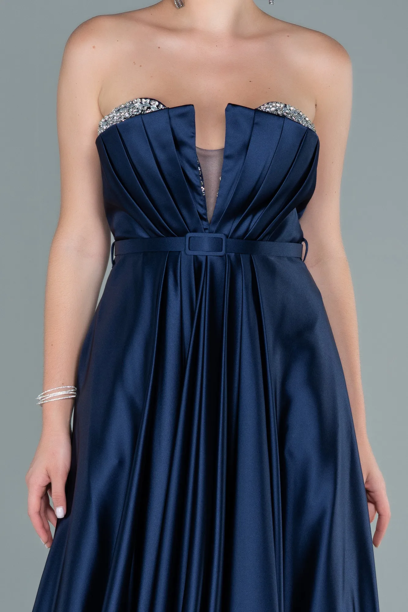 Navy Blue-Long Satin Prom Gown ABU2543