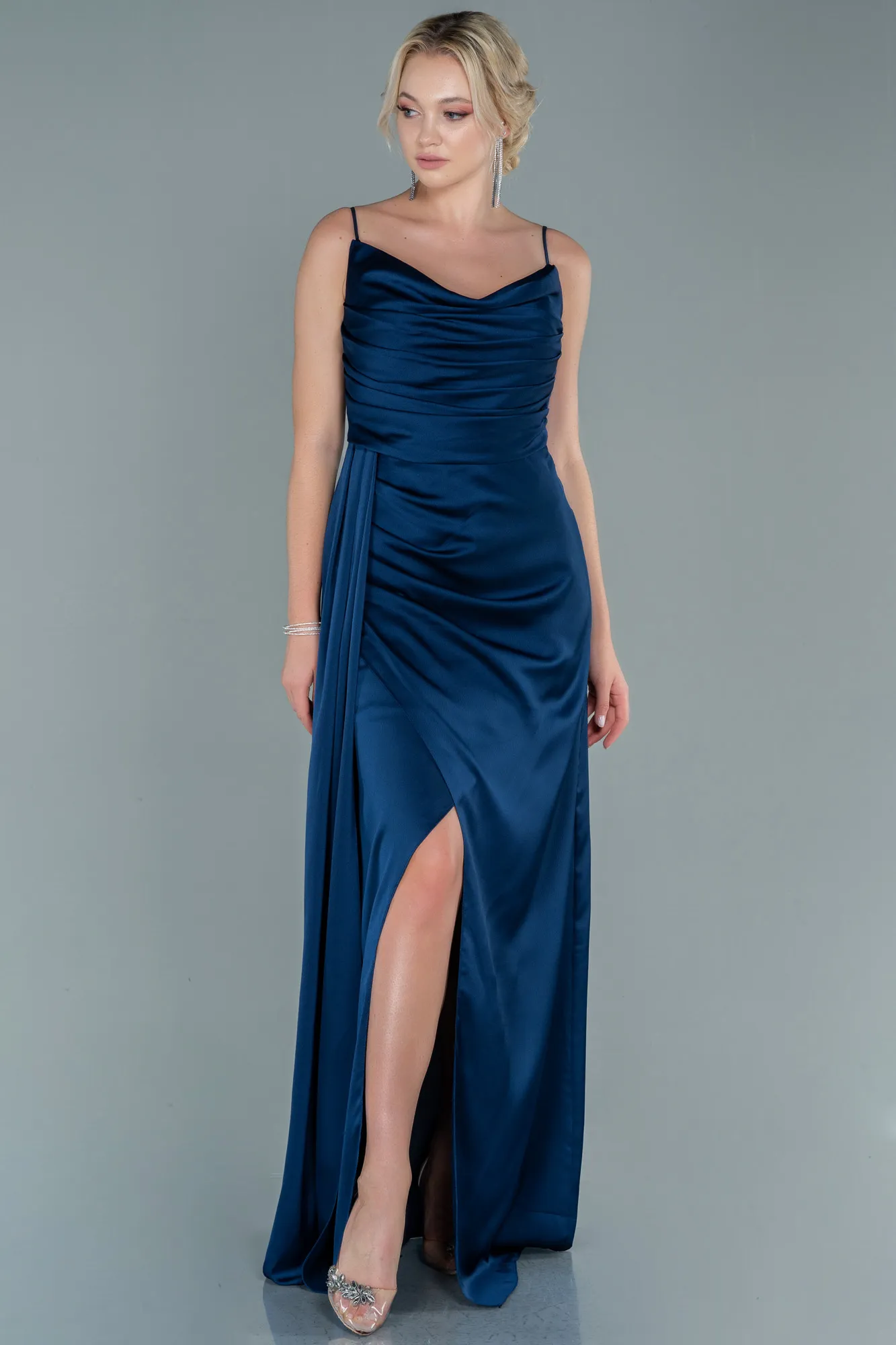 Navy Blue-Long Satin Prom Gown ABU2558