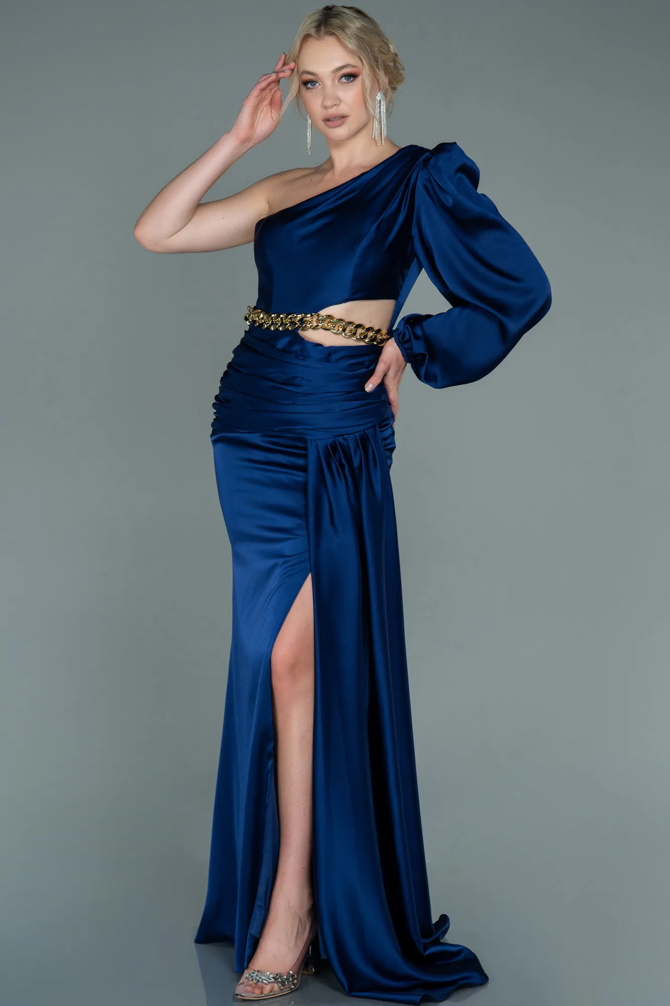 Navy Blue-Long Satin Prom Gown ABU2625