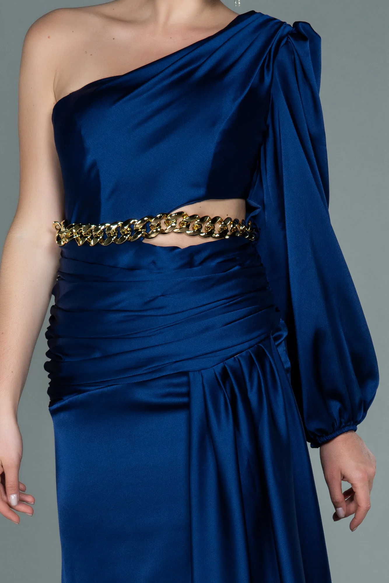 Navy Blue-Long Satin Prom Gown ABU2625