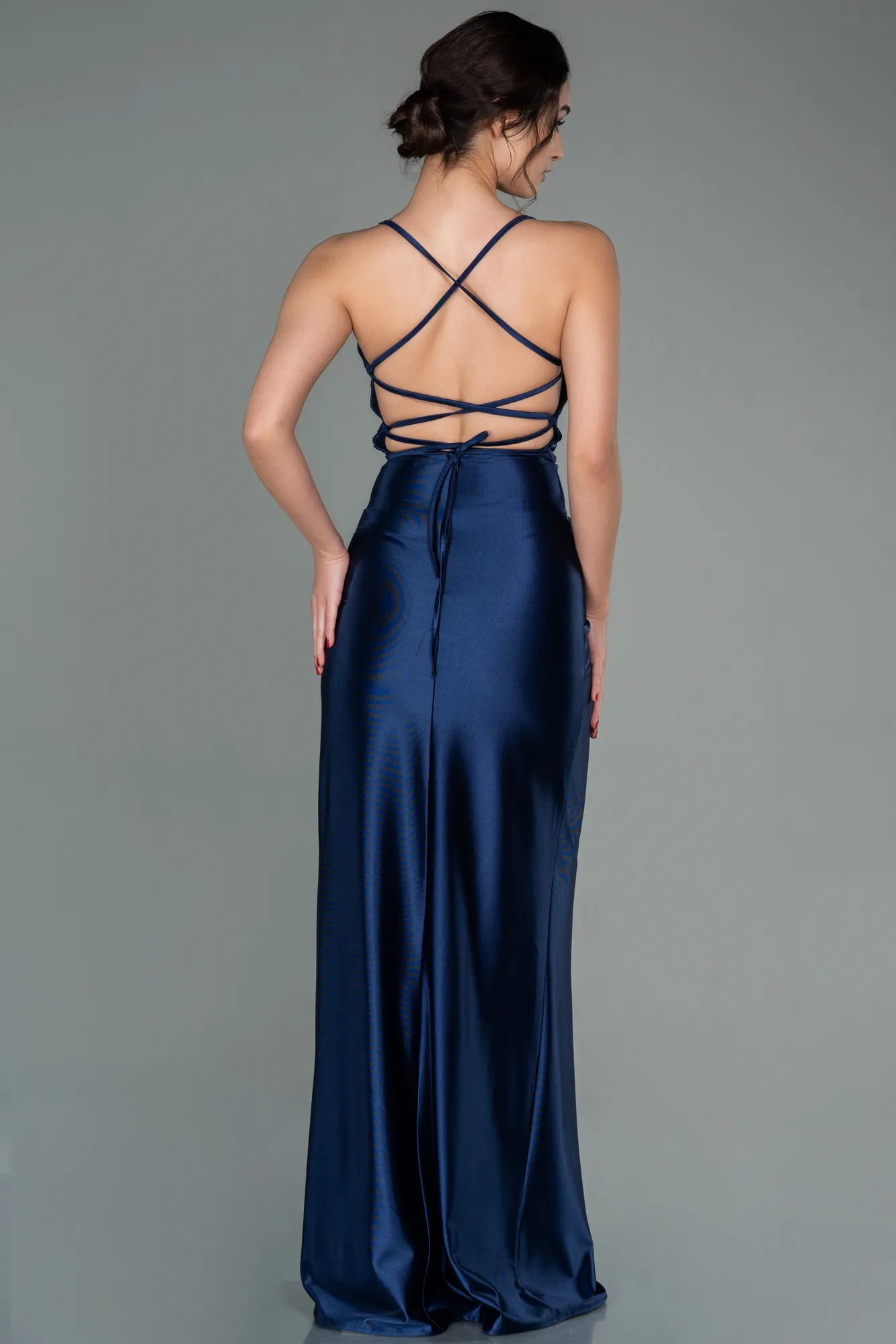 Navy Blue-Long Satin Prom Gown ABU2800