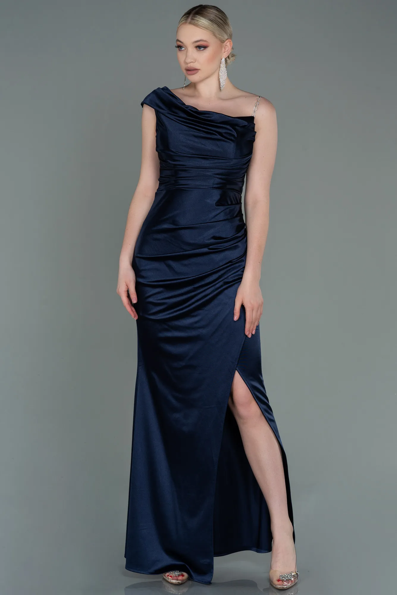 Navy Blue-Long Satin Prom Gown ABU3138