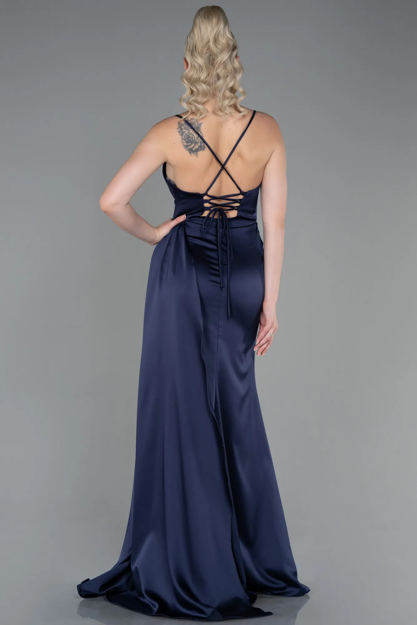 Navy Blue-Long Satin Prom Gown ABU3267