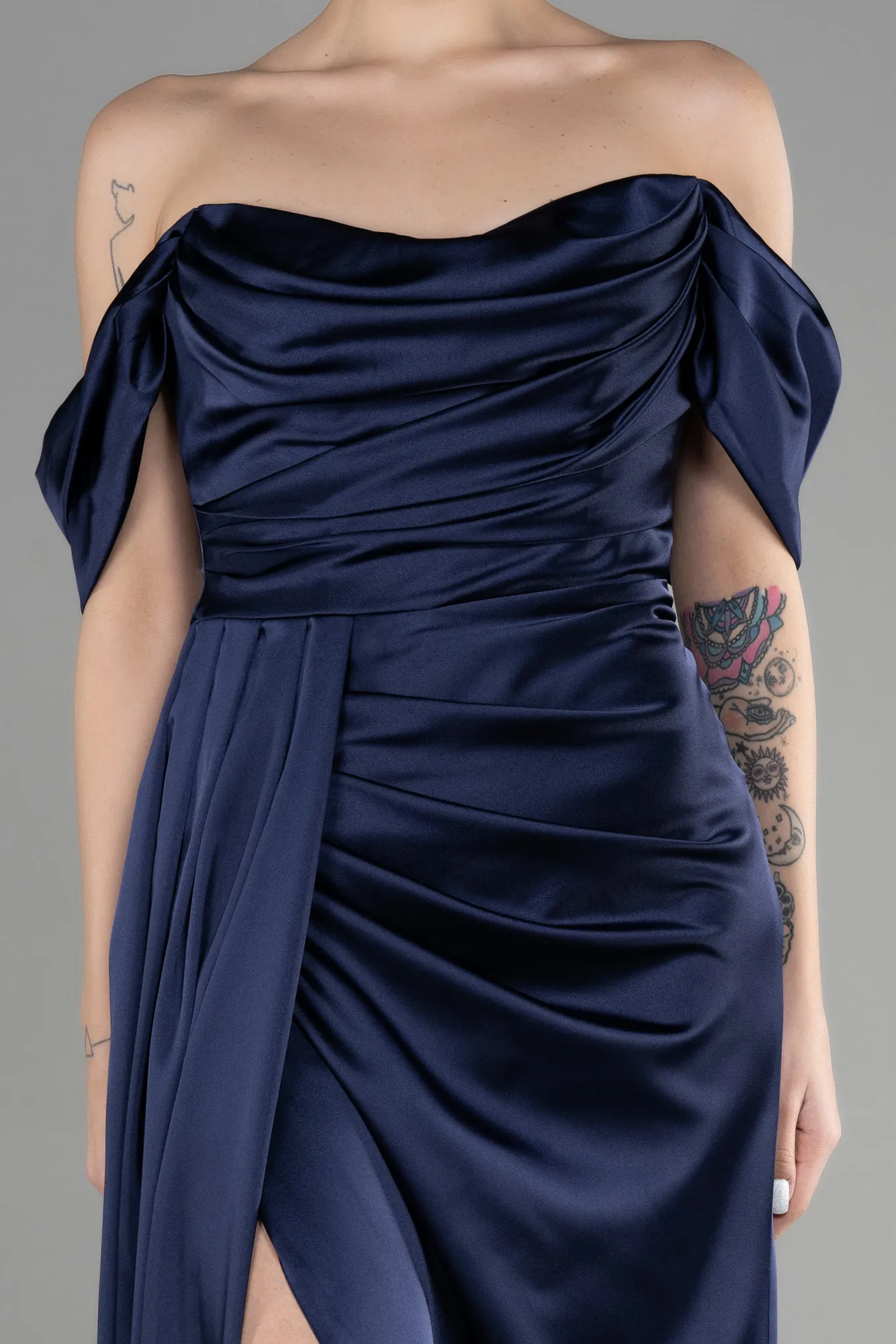 Navy Blue-Long Satin Prom Gown ABU3514