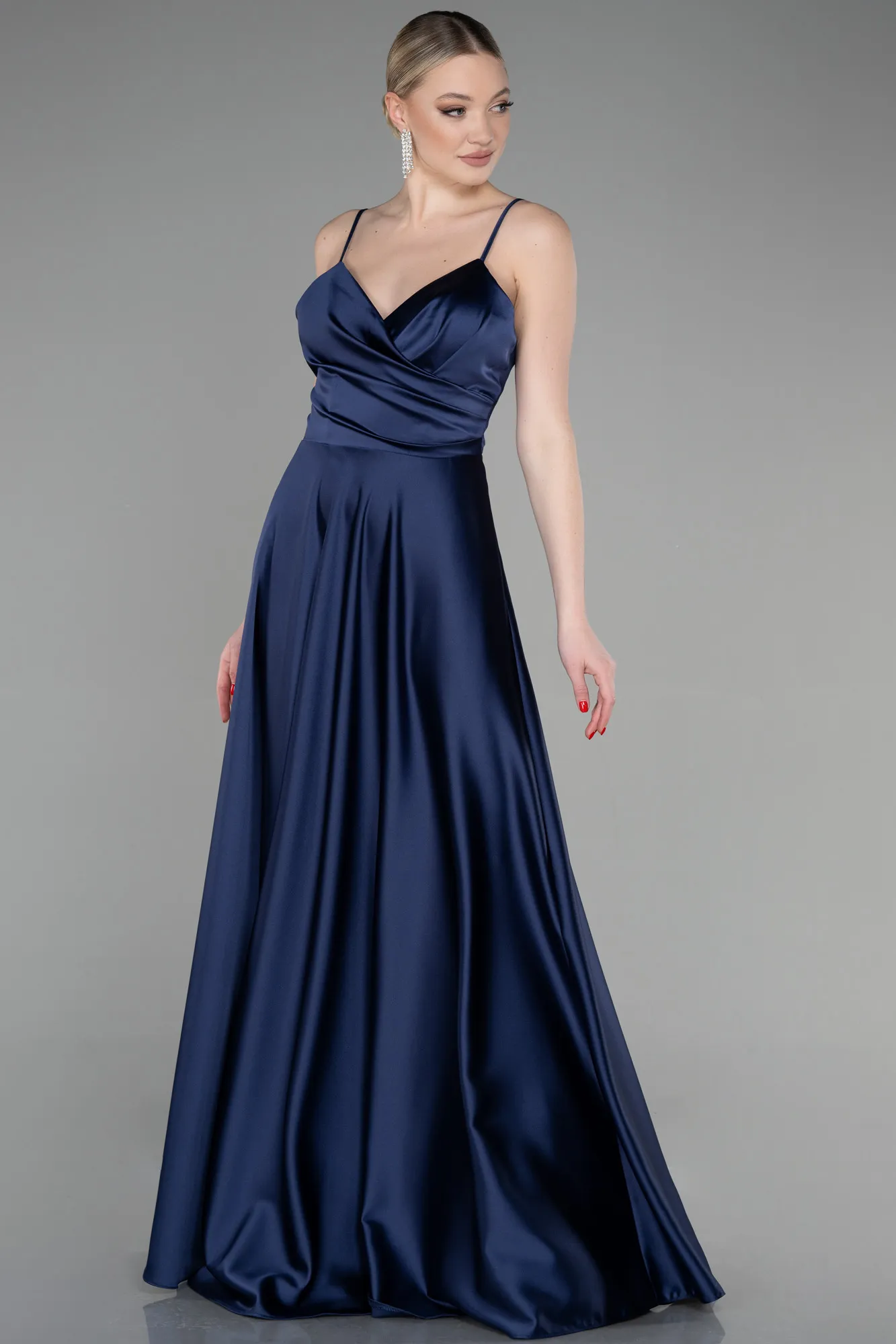 Navy Blue-Strappy Long Satin Prom Gown ABU3610