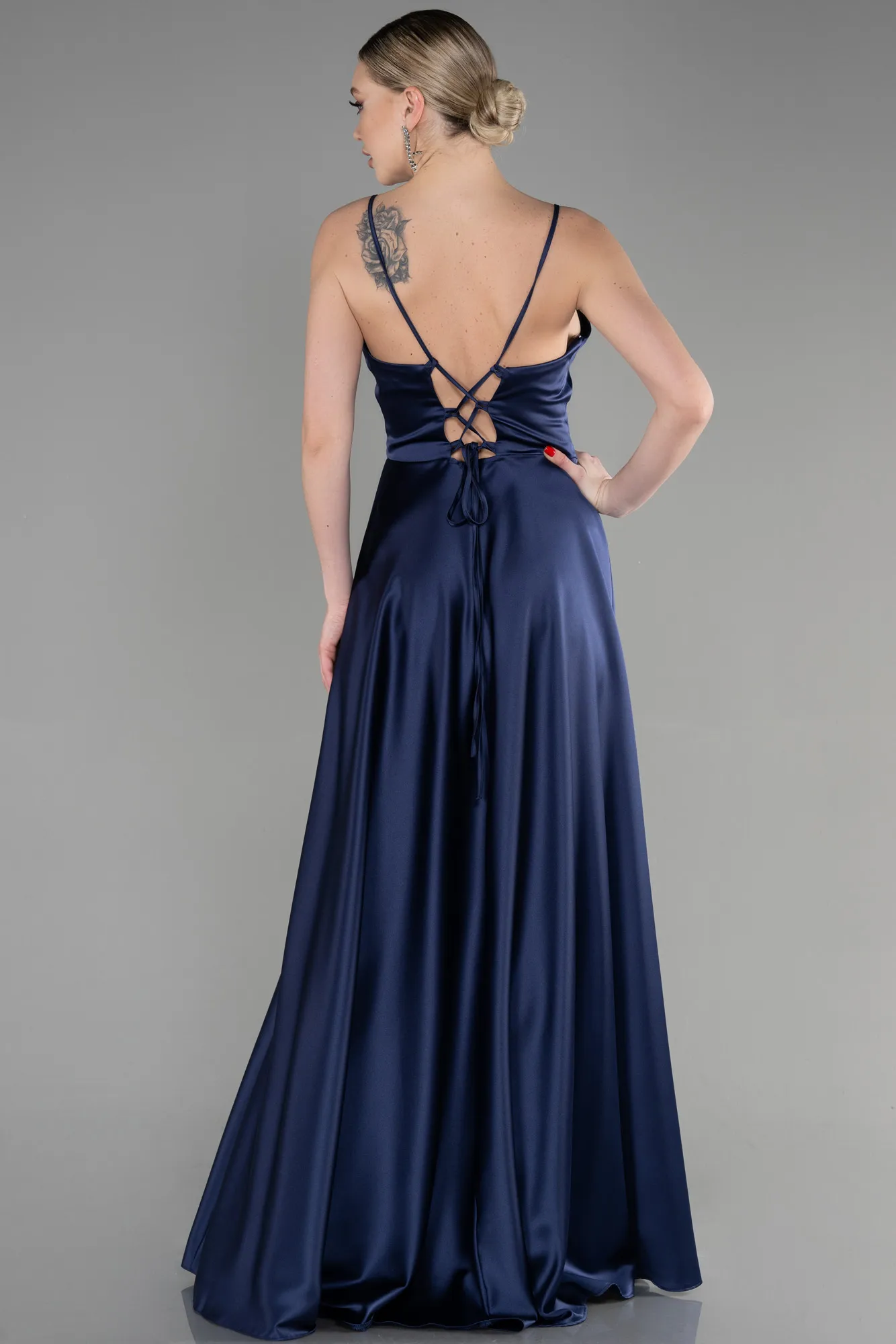 Navy Blue-Strappy Long Satin Prom Gown ABU3610