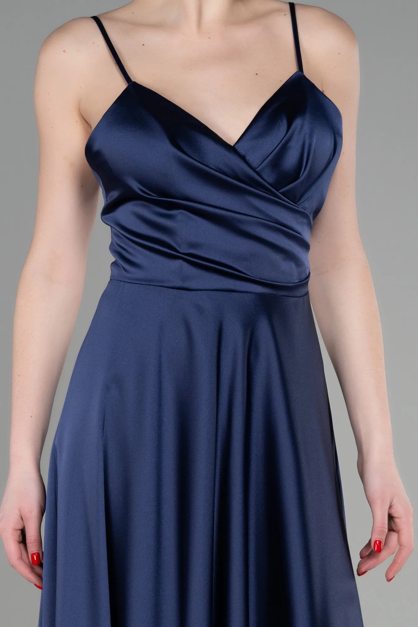 Navy Blue-Strappy Long Satin Prom Gown ABU3610