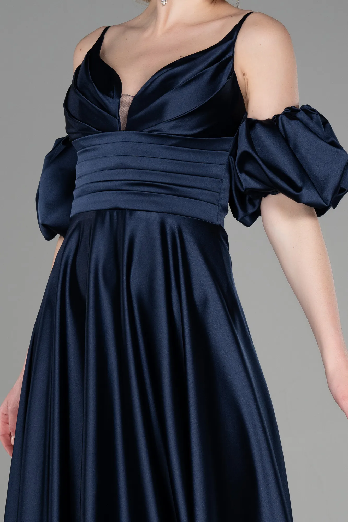 Navy Blue-Long Satin Prom Gown ABU3634