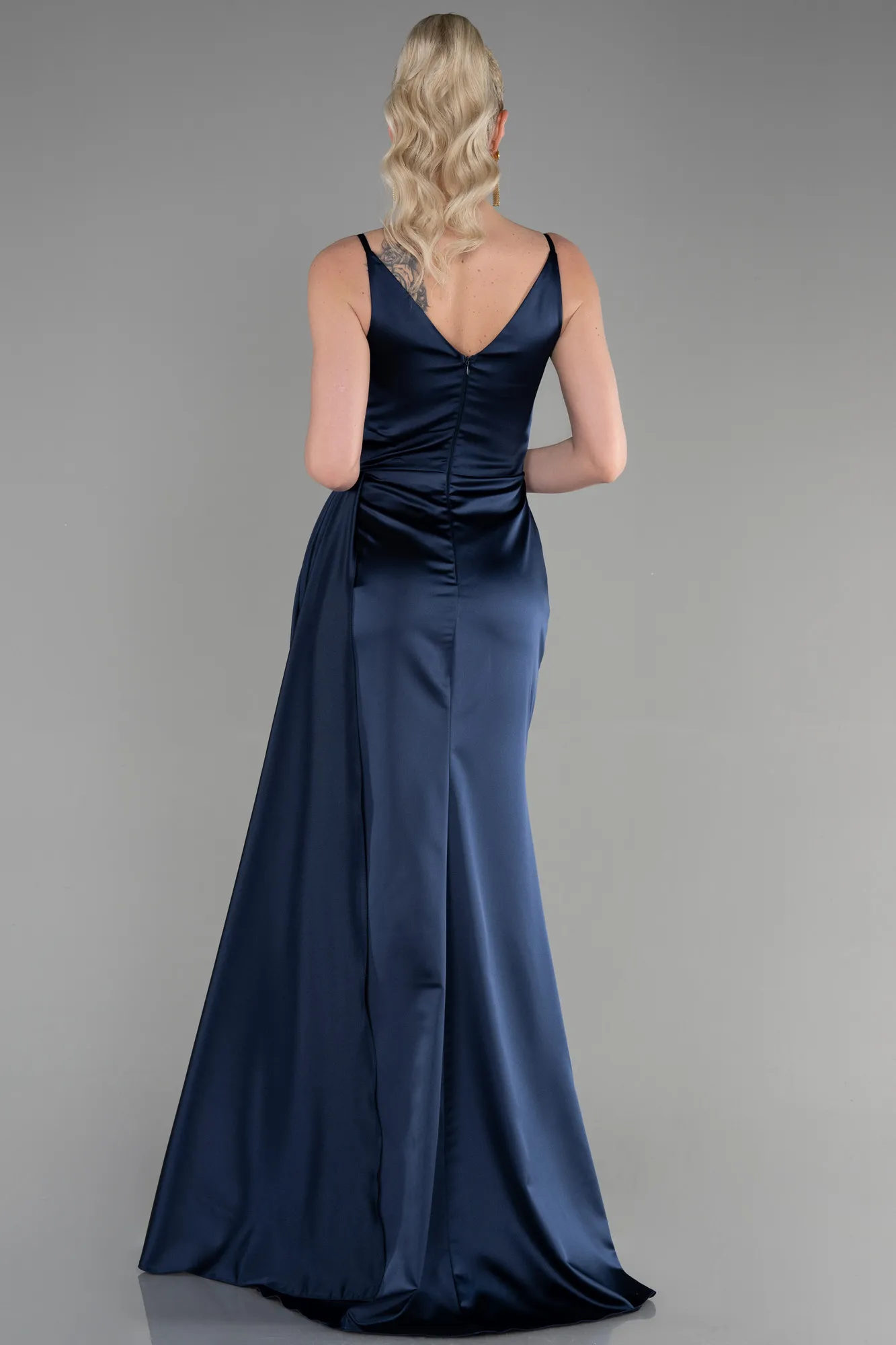Navy Blue-Long Satin Prom Gown ABU3635