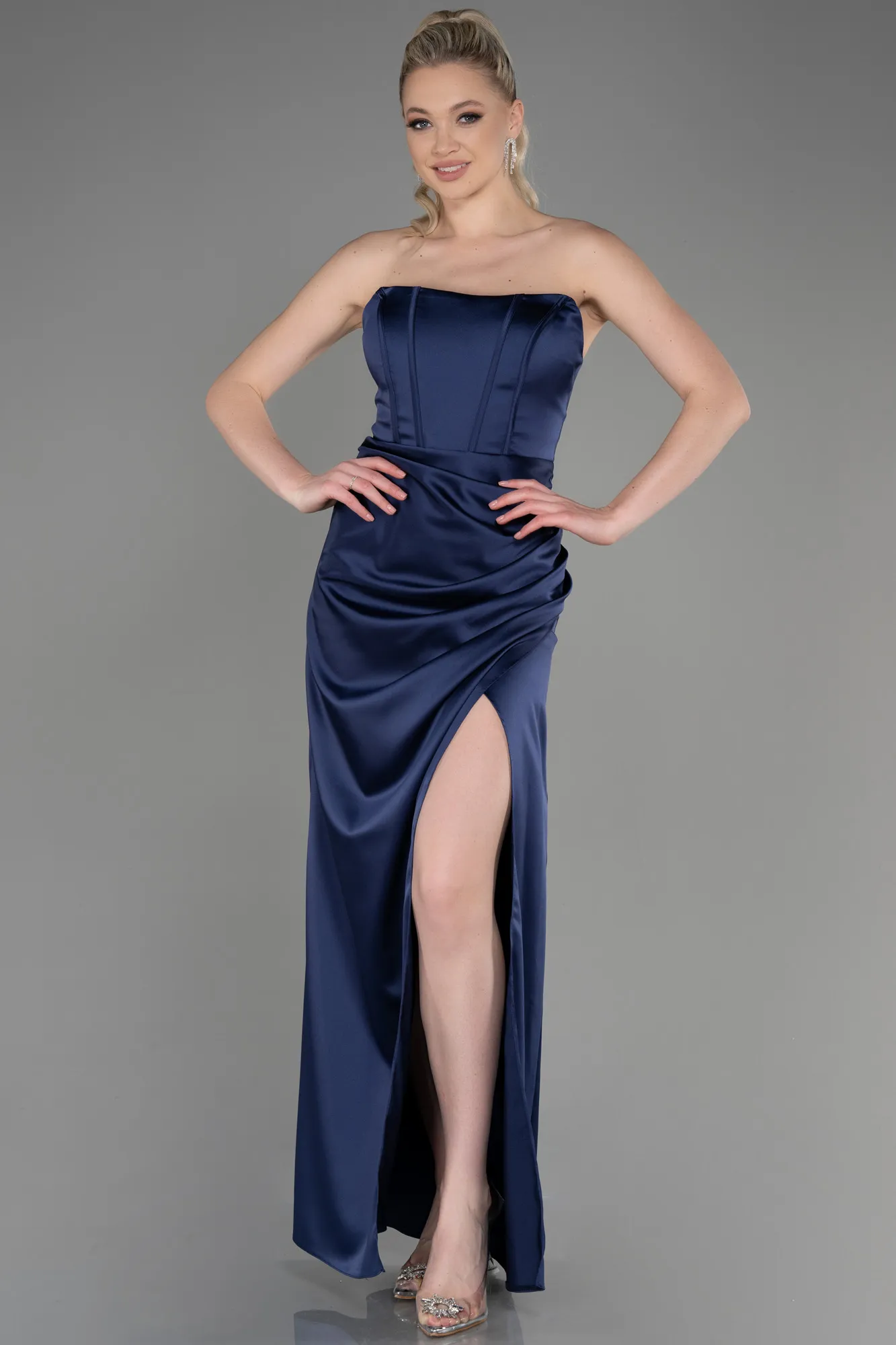 Navy Blue-Long Satin Prom Gown ABU3765